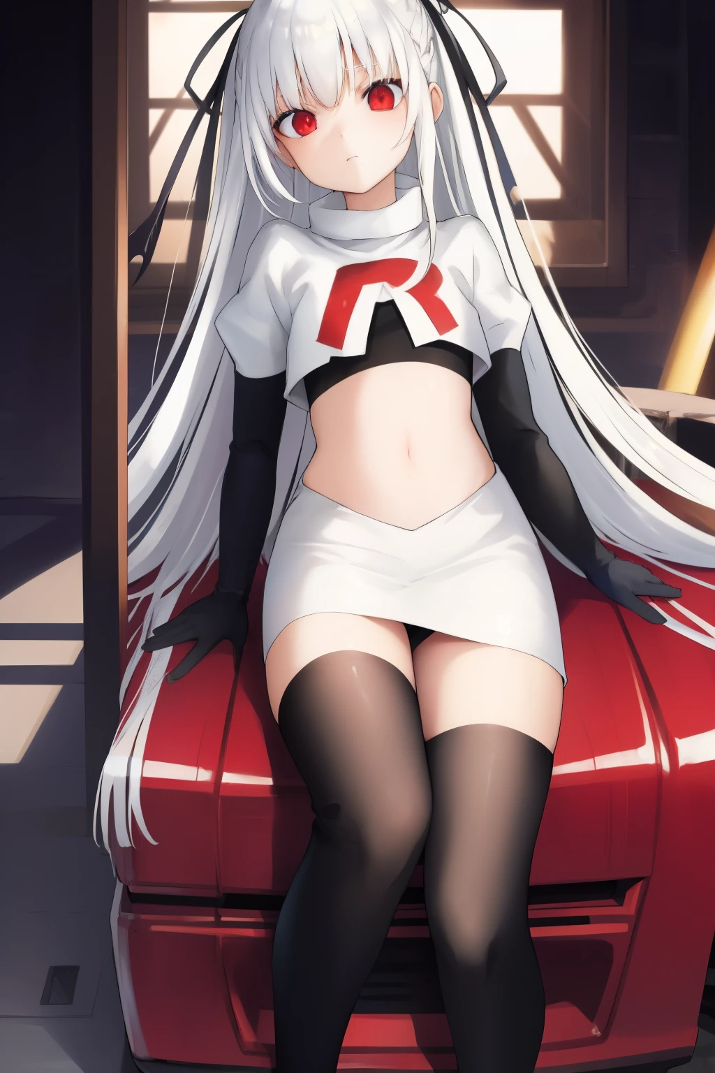 colorful hair, (long hair),(((adult))) ta, shiny skin, shiny hair, hair ornament, black ribbon, small flat chest, visible through hair, hairs between eyes, cute, highlight hair, solo, fantasy, Gradient hair, white hair, apathy, black angel wings on back, black Feather, flying, (black metallic wings ), Feather, flying, (iron wings), white hair, red eyes, team rocket,team rocket uniform,white skirt,red letter R,crop top,black thigh-highs,black elbow gloves