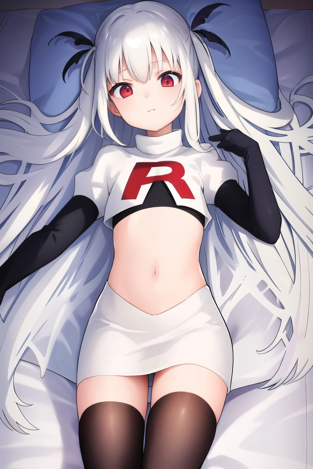 colorful hair, (long hair),(((adult))) Lolita, shiny skin, shiny hair, hair ornament, black ribbon, small flat chest, visible through hair, hairs between eyes, cute, highlight hair, solo, fantasy, Gradient hair, white hair, apathy, black angel wings on back, black Feather, flying, (black metallic wings ), Feather, flying, (iron wings), white hair, red eyes, team rocket,team rocket uniform,white skirt,red letter R,crop top,black thigh-highs,black elbow gloves