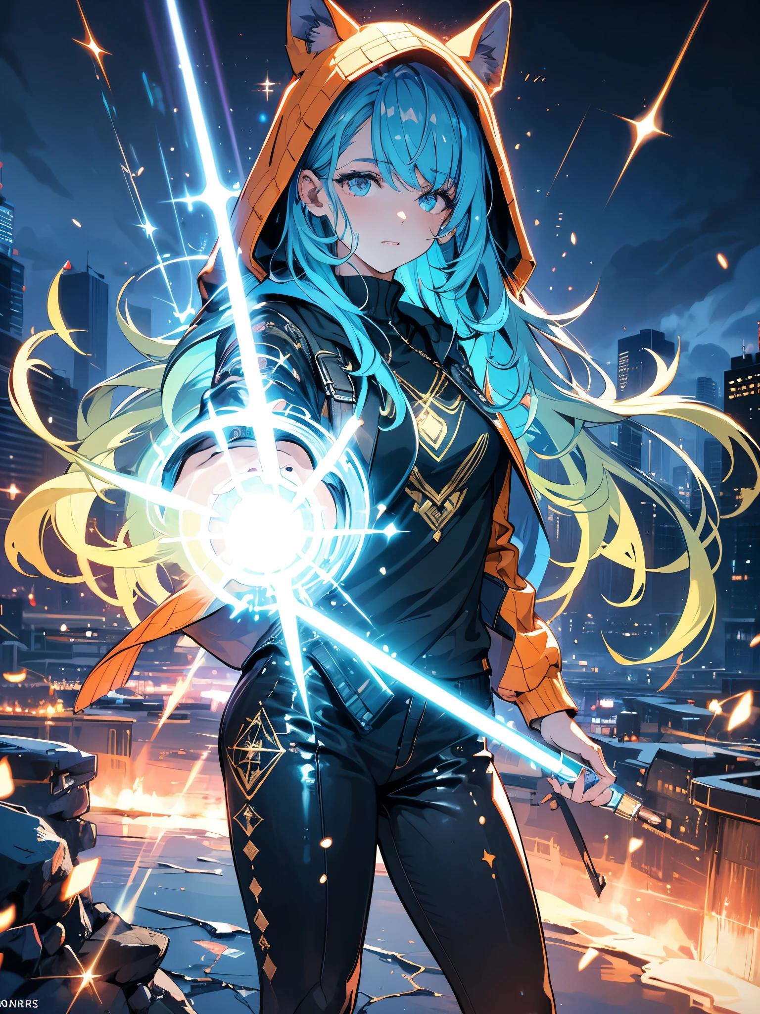 a girl with tight pants, high boots with laces, a jacket with a hood to the back, (((the girl is invoking magic with her hands, where a laser jet comes out with runes and rays))), girl in profile, in a magical and comical scenery with spiral flowers and many colors, {extremely detailed 16k CG unit wallpaper}, expansive landscape photography, (a view from below focusing on the scenery), (wide view of open field), (photo low angle), (high light: 1.2), (low light: 1.4), (warm light source: 1.2), complex details, (iridescent colors: 1.5), (bright lighting), (atmospheric lighting), Dreamy, single