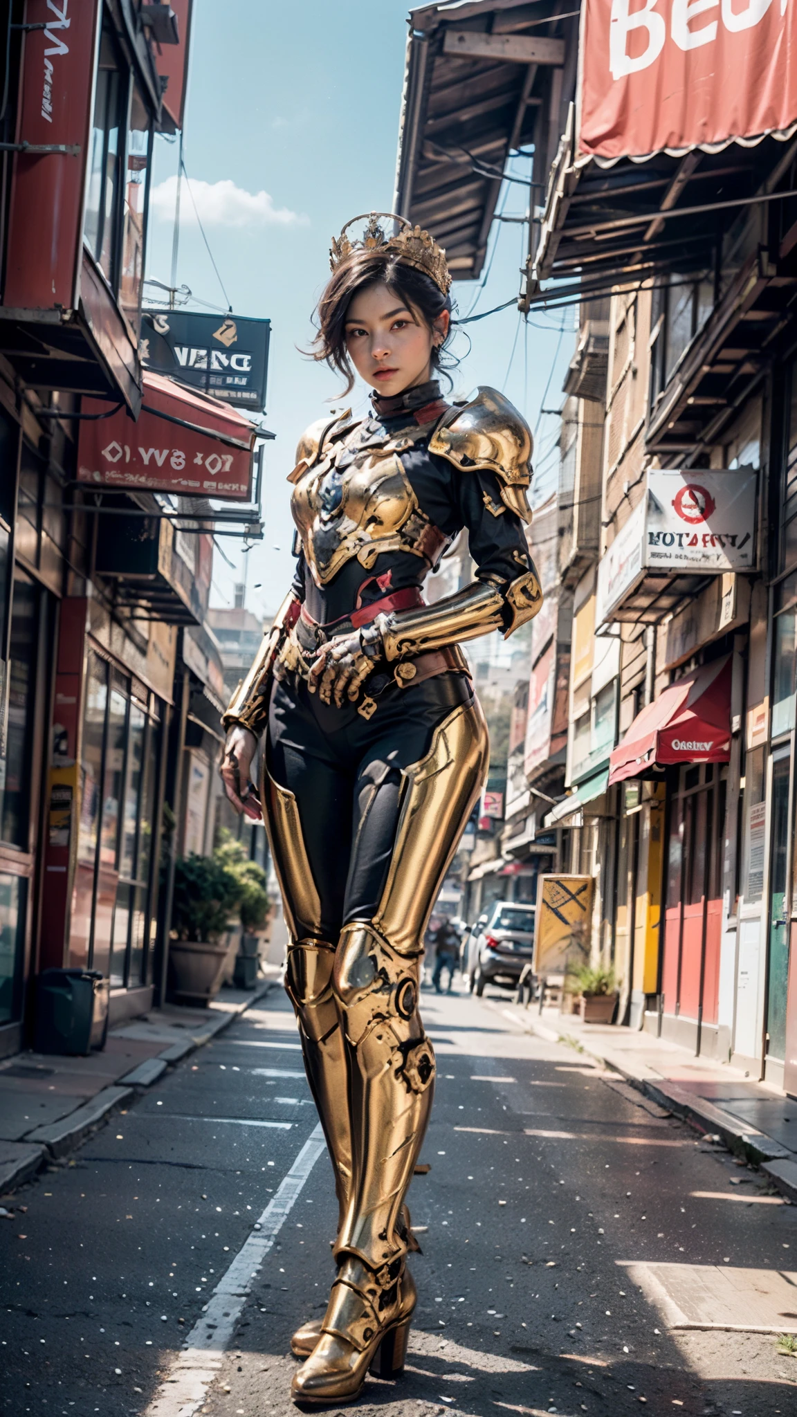 A woman adorned in fantasy-style full-body armor, a crown-concept fully enclosed helmet that unveils only her eyes, a composite layered chest plate, fully encompassing shoulder and hand guards, a lightweight waist armor, form-fitting shin guards, the overall design is heavy-duty yet flexible, ((the armor gleams with a golden glow, complemented by red and blue accents)), exhibiting a noble aura, she floats above a fantasy-surreal high-tech city, this character embodies a finely crafted fantasy-surreal style armored hero in anime style, exquisite and mature manga art style, (Queen bee mixed with Spider concept Armor), ((real woman, beautiful woman, photorealistic, elegant, goddess, femminine:1.5)), metallic, high definition, best quality, highres, ultra-detailed, ultra-fine painting, extremely delicate, professional, anatomically correct, symmetrical face, extremely detailed eyes and face, high quality eyes, creativity, RAW photo, UHD, 32k, Natural light, cinematic lighting, masterpiece-anatomy-perfect, masterpiece:1.5