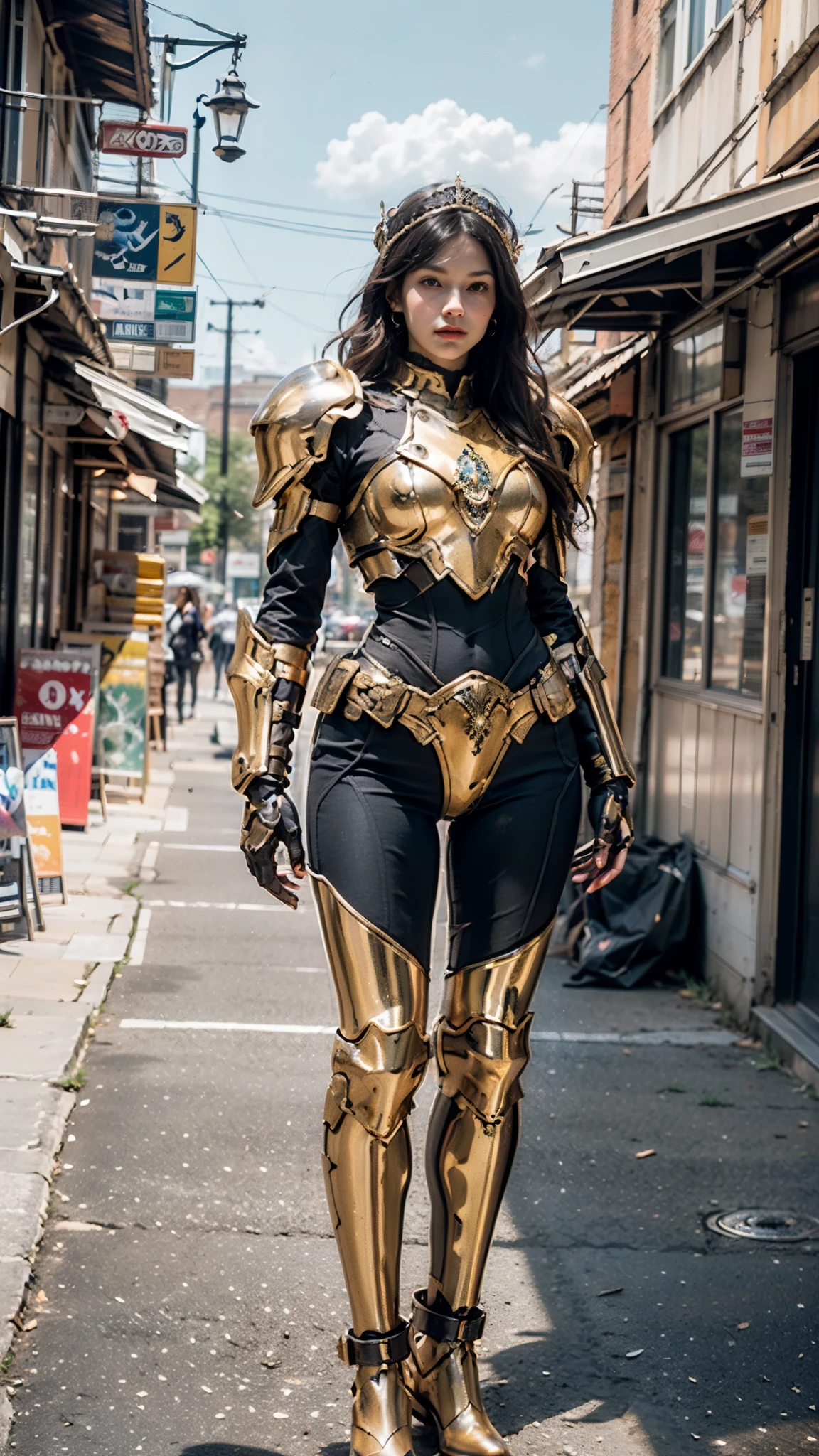 A woman adorned in fantasy-style full-body armor, a crown-concept fully enclosed helmet that unveils only her eyes, a composite layered chest plate, fully encompassing shoulder and hand guards, a lightweight waist armor, form-fitting shin guards, the overall design is heavy-duty yet flexible, ((the armor gleams with a golden glow, complemented by red and blue accents)), exhibiting a noble aura, she floats above a fantasy-surreal high-tech city, this character embodies a finely crafted fantasy-surreal style armored hero in anime style, exquisite and mature manga art style, (Queen bee mixed with Spider concept Armor), ((real woman, beautiful woman, photorealistic, elegant, goddess, femminine:1.5)), metallic, high definition, best quality, highres, ultra-detailed, ultra-fine painting, extremely delicate, professional, anatomically correct, symmetrical face, extremely detailed eyes and face, high quality eyes, creativity, RAW photo, UHD, 32k, Natural light, cinematic lighting, masterpiece-anatomy-perfect, masterpiece:1.5