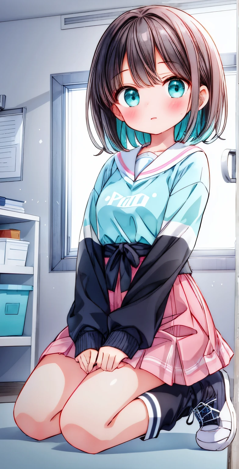 Girl with short dark hair,shy,blush,Turquoise sweatshirt,pink skirt,White knee socks,black boots,classroom scene,for the audience,stand