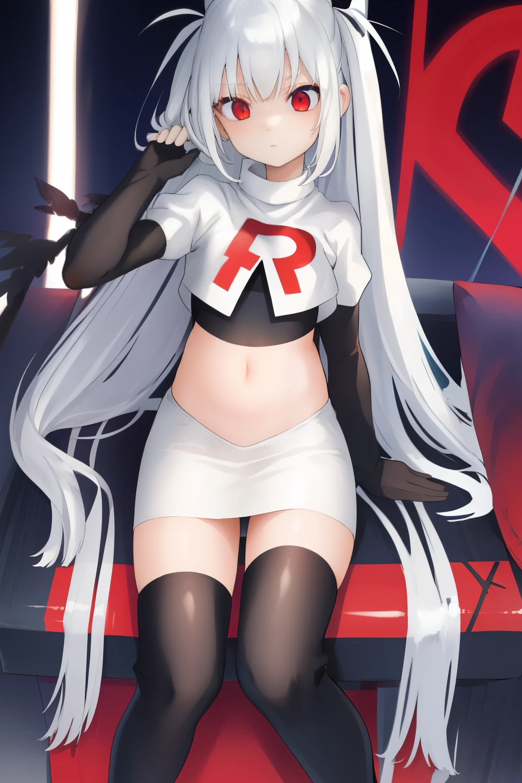 colorful hair, (long hair),(((adult))) Lolita, shiny skin, shiny hair, hair ornament, black ribbon, small flat chest, visible through hair, hairs between eyes, cute, highlight hair, solo, fantasy, Gradient hair, white hair, apathy, black angel wings on back, black Feather, flying, (black metallic wings ), Feather, flying, (iron wings), white hair, red eyes, team rocket,team rocket uniform,white skirt,red letter R,crop top,black thigh-highs,black elbow gloves