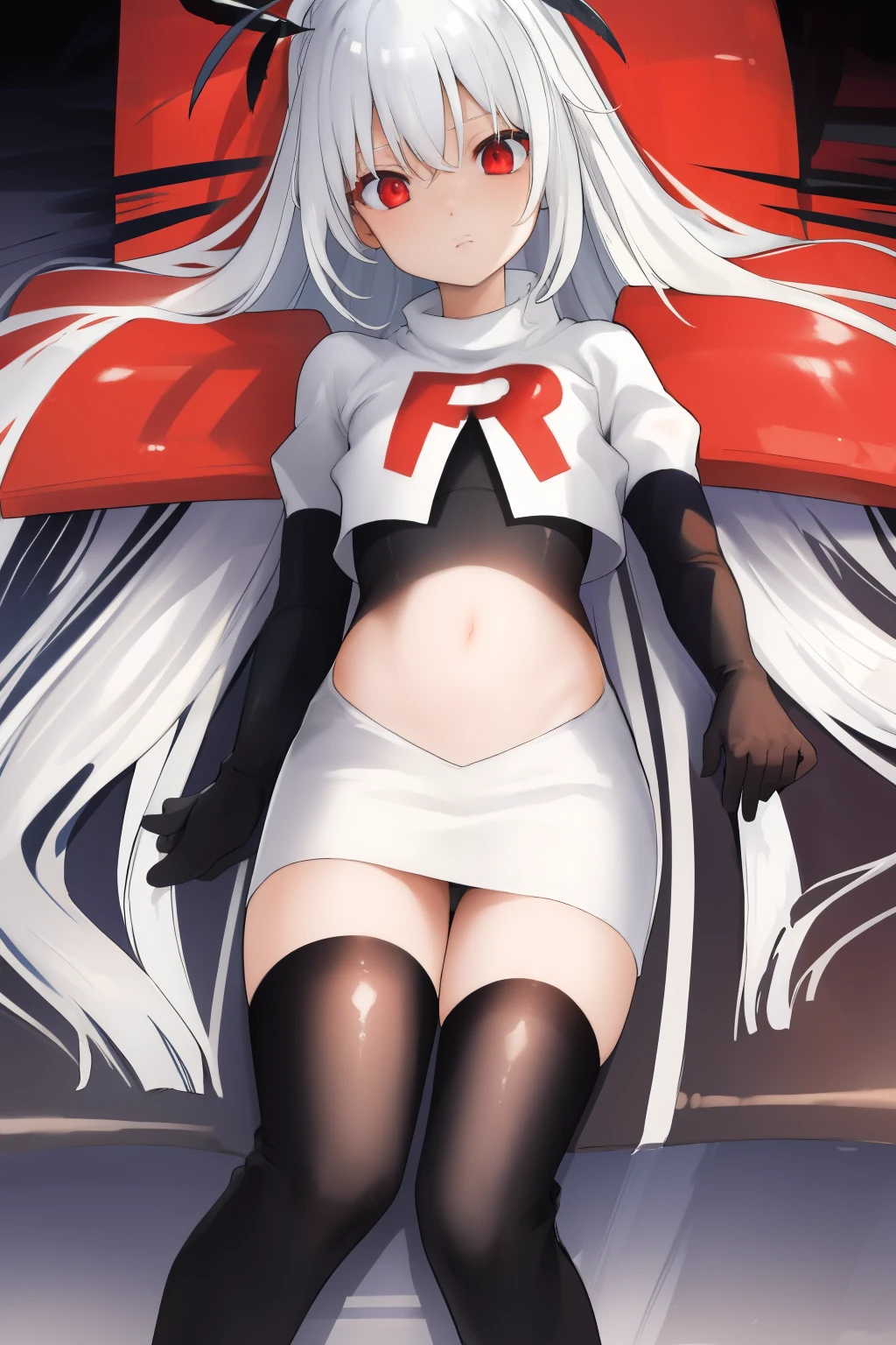 colorful hair, (long hair),(((adult))) Lolita, shiny skin, shiny hair, hair ornament, black ribbon, small flat chest, visible through hair, hairs between eyes, cute, highlight hair, solo, fantasy, Gradient hair, white hair, apathy, black angel wings on back, black Feather, flying, (black metallic wings ), Feather, flying, (iron wings), white hair, red eyes, team rocket,team rocket uniform,white skirt,red letter R,crop top,black thigh-highs,black elbow gloves