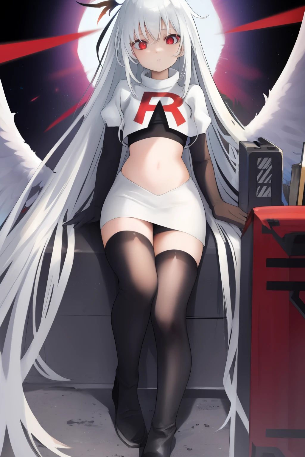 colorful hair, (long hair),(((adult))) Lolita, shiny skin, shiny hair, hair ornament, black ribbon, small flat chest, visible through hair, hairs between eyes, cute, highlight hair, solo, fantasy, Gradient hair, white hair, apathy, black angel wings on back, black Feather, flying, (black metallic wings ), Feather, flying, (iron wings), white hair, red eyes, team rocket,team rocket uniform,white skirt,red letter R,crop top,black thigh-highs,black elbow gloves