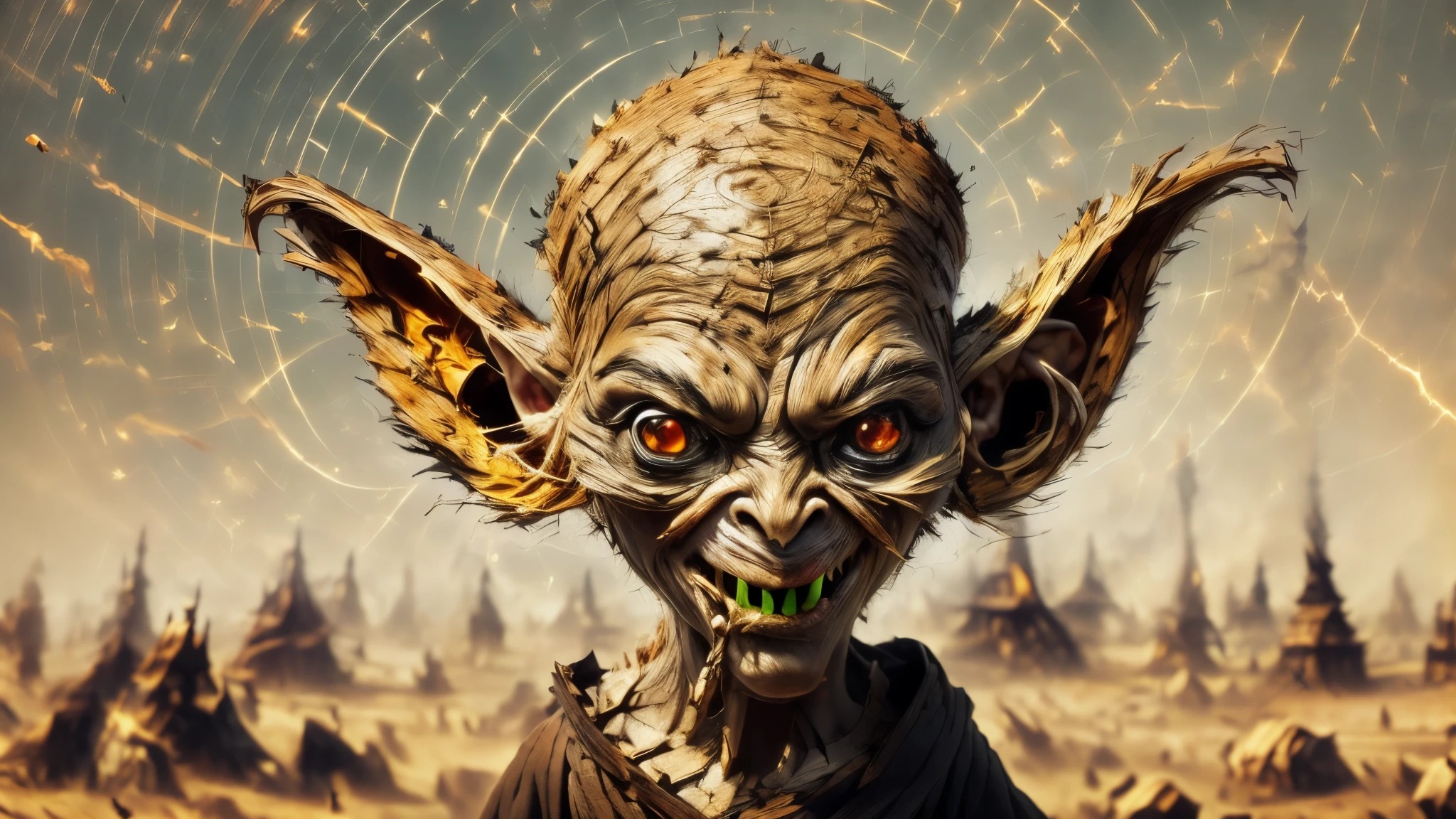 (master piece), 8k, best quality, panoramic view, Goblins, caramel, black and malicious eyes, evil, huge pointed ears, sharp teeth, bald, thin, 1 meter, 1.20 cm tall, dirty torn cloth clothing, holding a piece of wood with nail, struggling