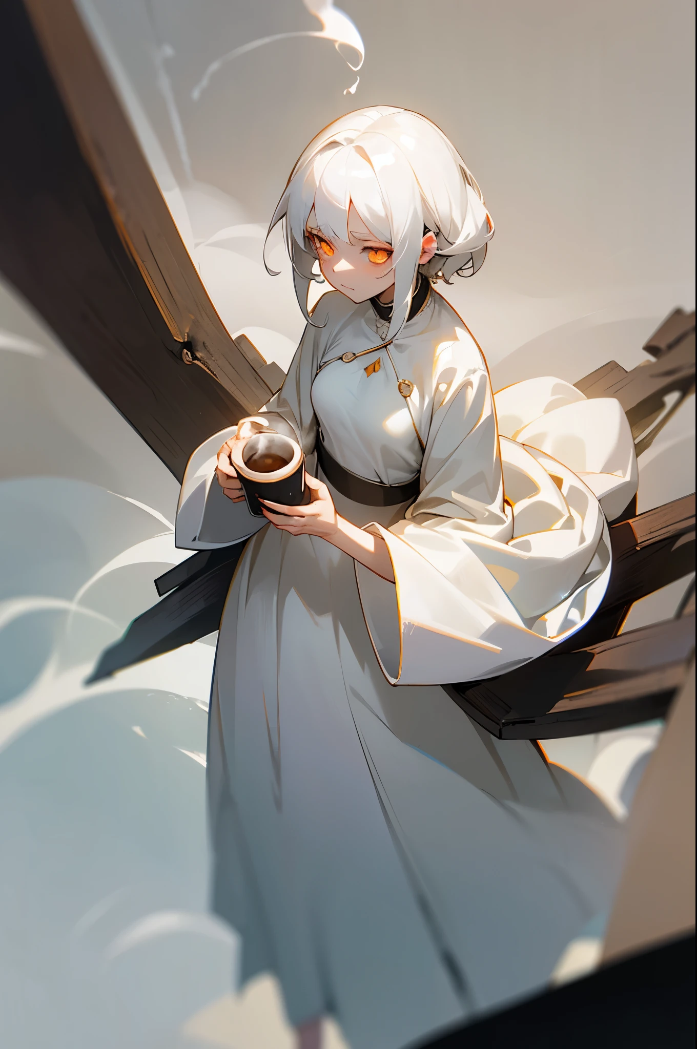 White hair, simple white dress, orange eyes, spiral eyes, glowing eyes, adult in her late 20s, woman, long unkept hair, she holds a steaming small coffee mug in one hand, tired face, bags under the eyes, white bedroom, small breasts, thin thighs, done with life face, frowning