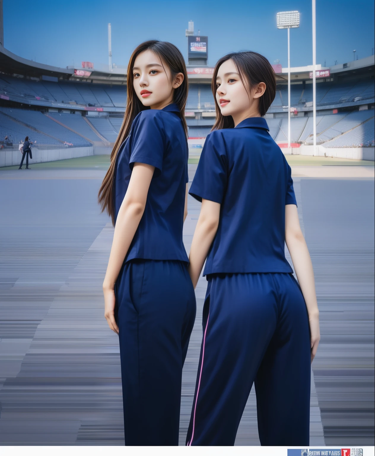 (best quality,10,10,height,Masterpiece:1.2),Special details,(realistic,ภาพrealistic,Realistic photos:1.37),1 cute girl on the football field,shiny, ผิวshiny,only,smile softly,BDclothelue shirt:1.3)),short sleeve,shirt, กางเกงขาlong.,(navy_long_track pants:1.1), ((stadium background:1.3)),Dynamic angle,excited,Face focus,dynamic poses,from behind,focus on ass,Masterpiece, best quality, ultra realistic, hyper-detail, 8K resolution, raw photos, Sharp focus, ((Navy blue shirt:1.1)), short sleeve, เส้นทางlong, perfect body, 2 mature women, 18 years old, Cinema-grade lighting system,blue sweatpants,shirtผ้าออกกำลังกาย,correct anatomy,perfect body, correct body, Sharp face, correct bodyทางกายวิภาค, full body, realistic gestures, long-haired, realistic poses,Wear long shorts................................,ช่วงขาlong,Good shape,carved girl, Slender figure, model, Good shape, beautiful body,blue sweatpants, two girls kissing