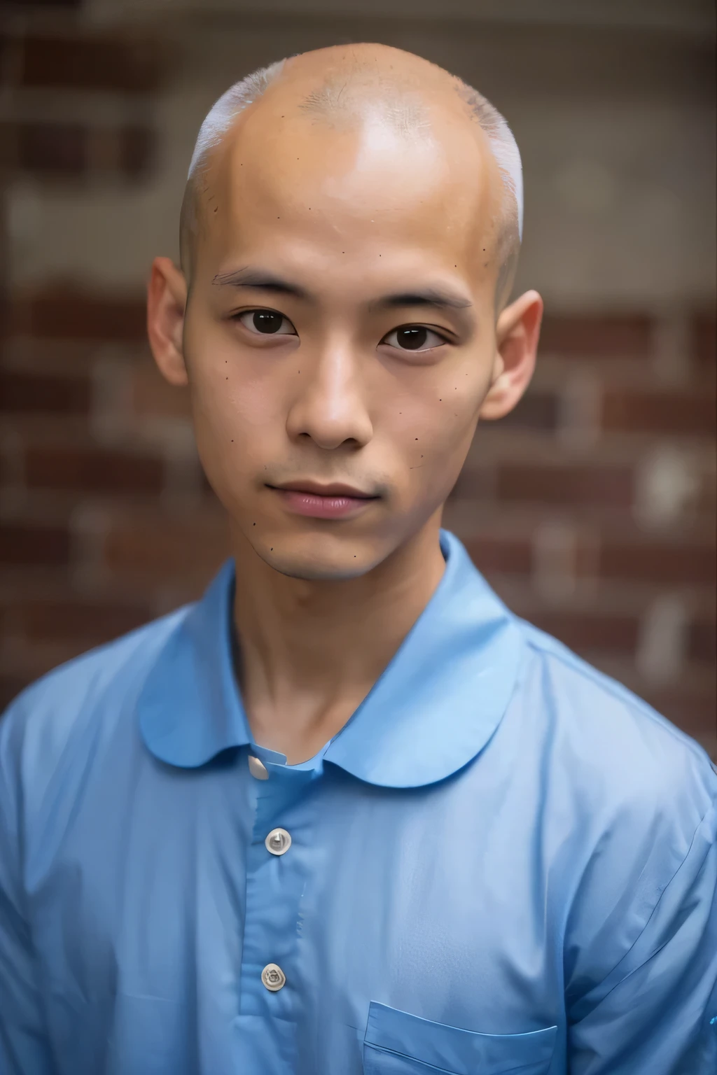 Frontal photo of a young Japanese man with no hair