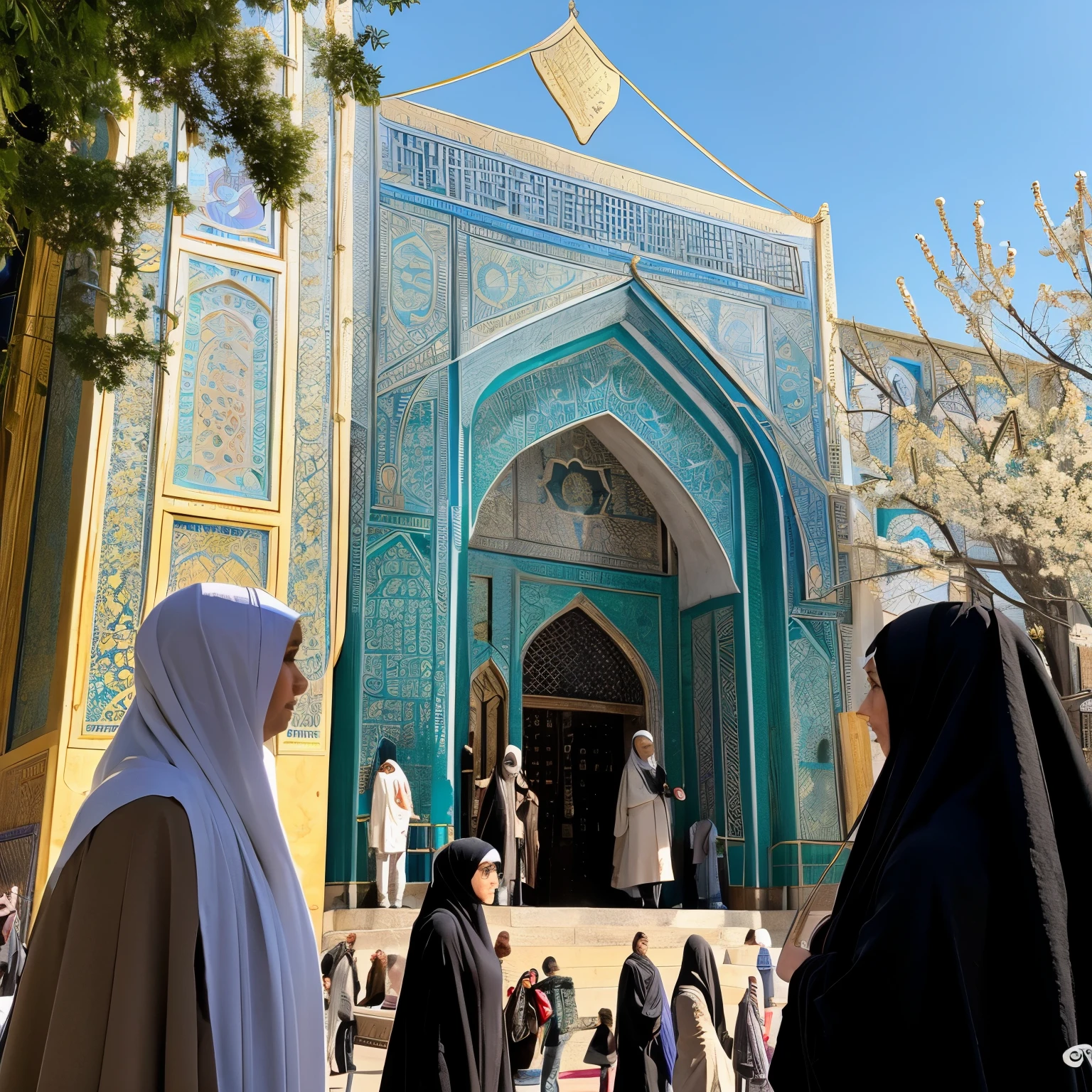 A picture of Imam Reza's shrine where the people and the building of the shrine are made of mirror and some womens with hijab .