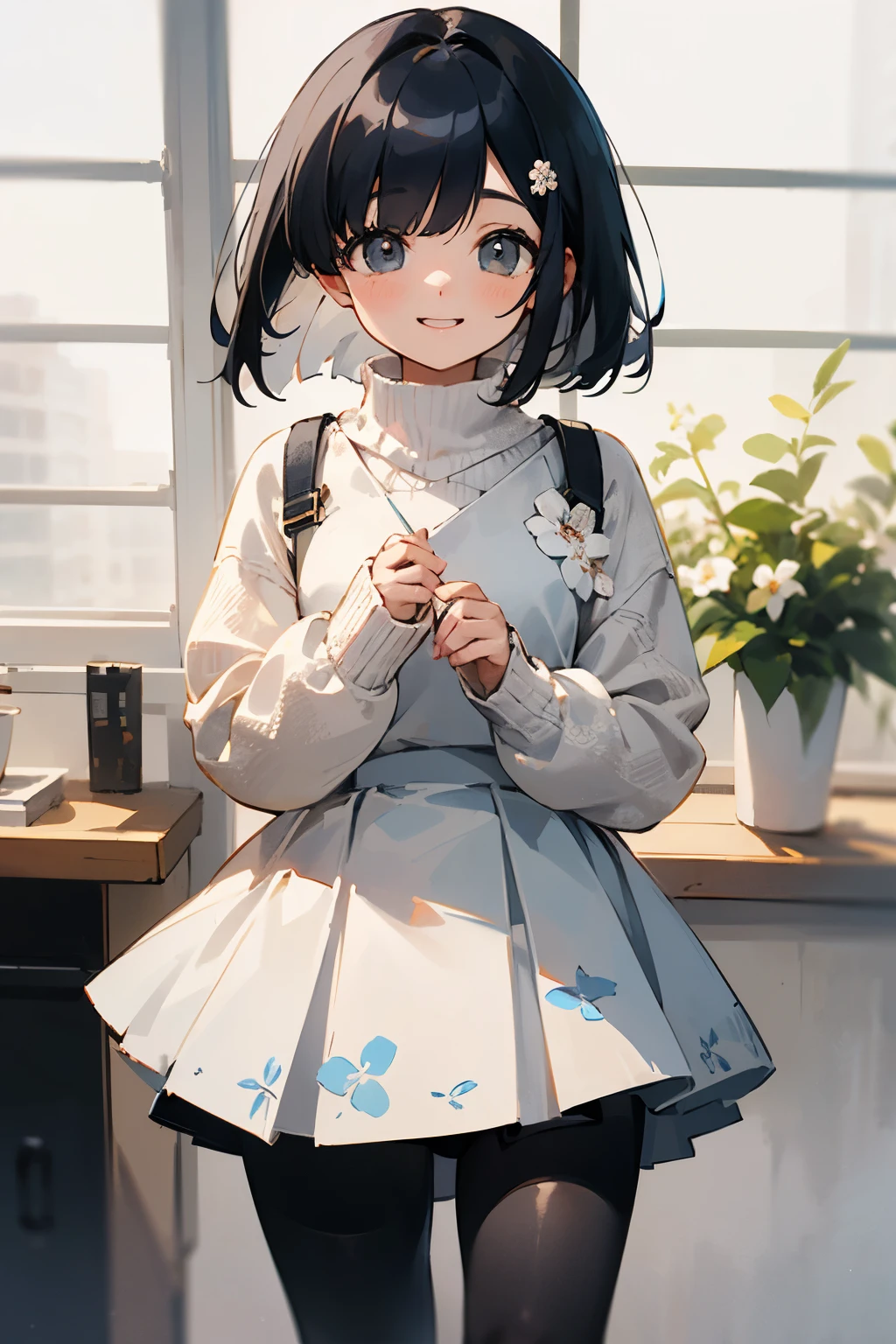 with the best image quality、8k、age girl standing in the room。black bob hair、cute smile.。black tights、cute white floral sweater、She is wearing a cute white floral pattern skirt.。