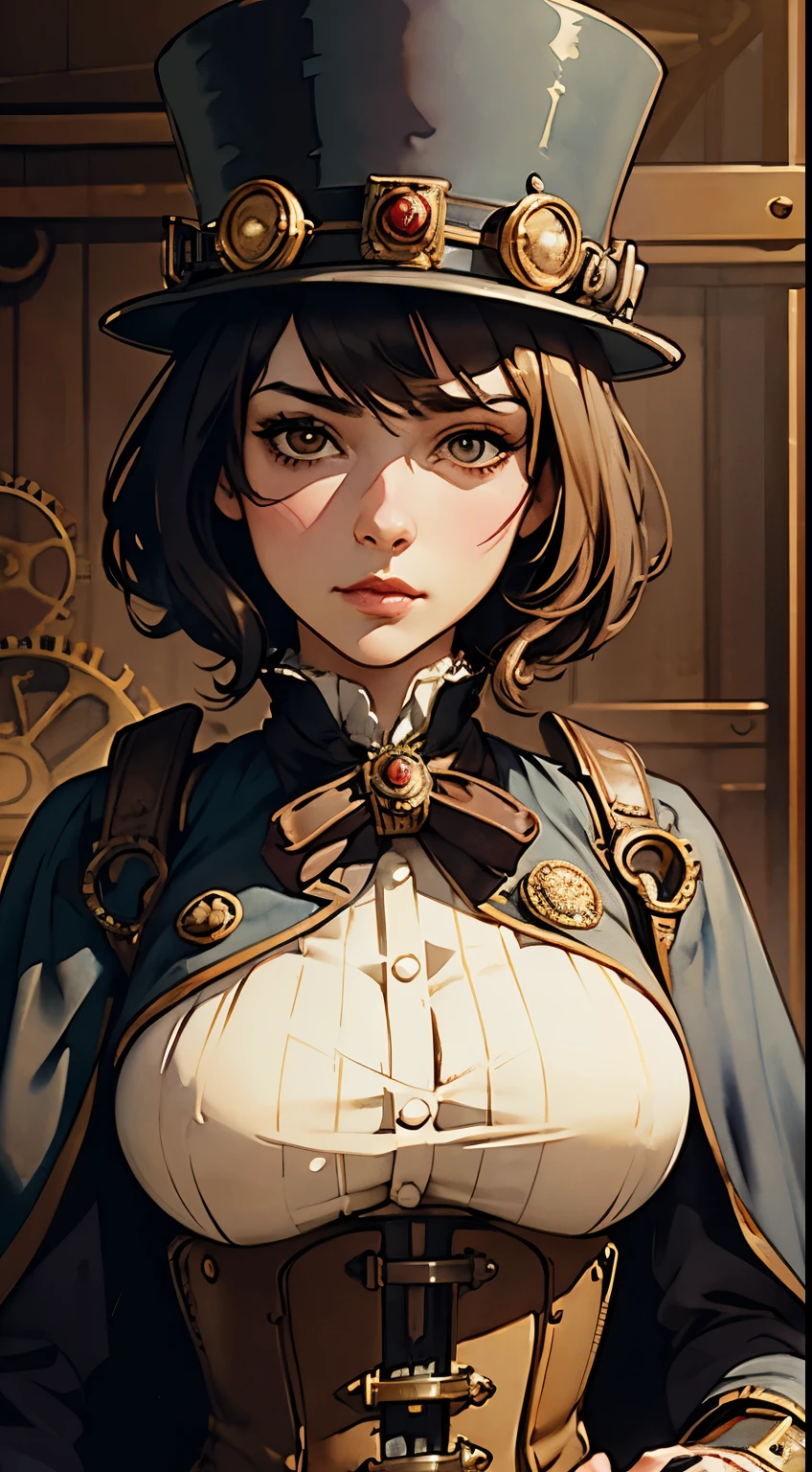 (Sargent style watercolor)、(highest quality、masterpiece)、(adult woman)、short hairstyle、Top hats and goggles、soft light、steampunk、steampunkなボディ、whole body posture、Machine body、gear device、Karakuri doll、industrial revolution、evening、