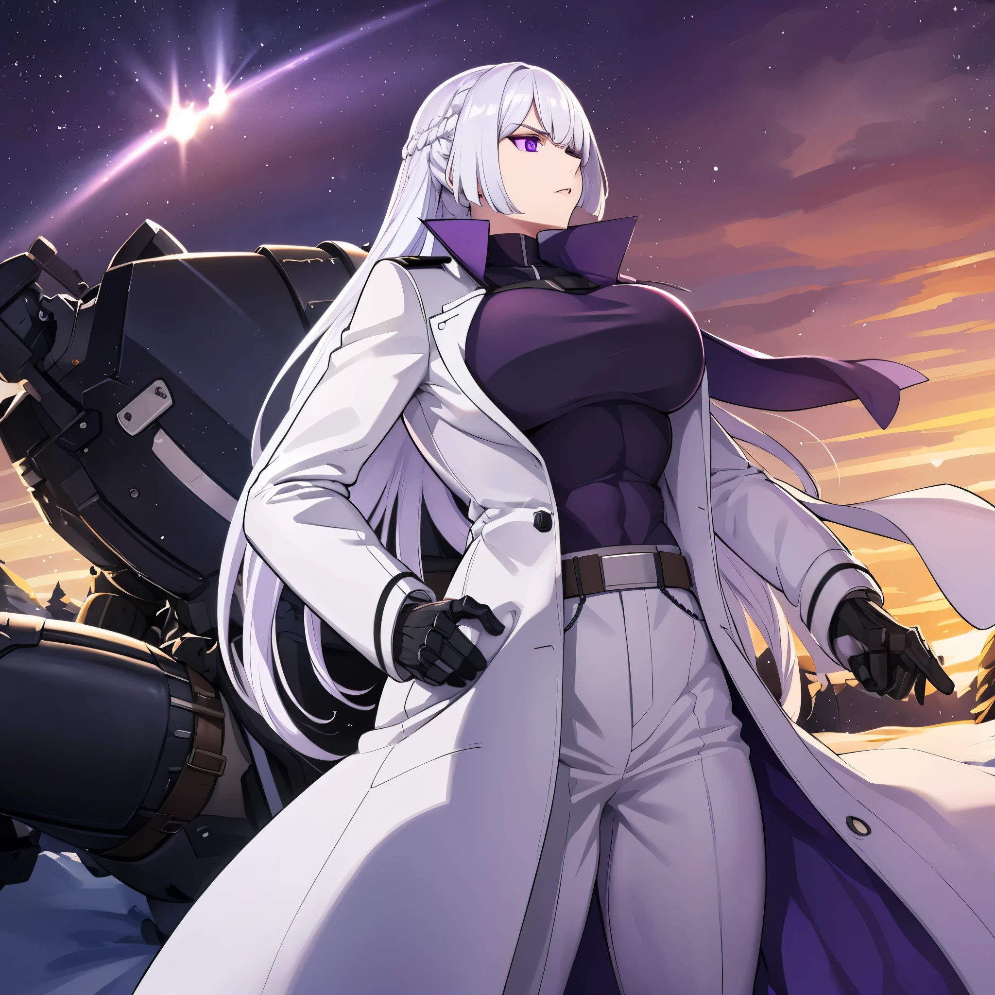 a woman with silver hair, purple eyes, wearing a long white coat, wearing a white military hat, muscular, in a cold region, with northern light, just a woman, perfect arms, perfect legs.

