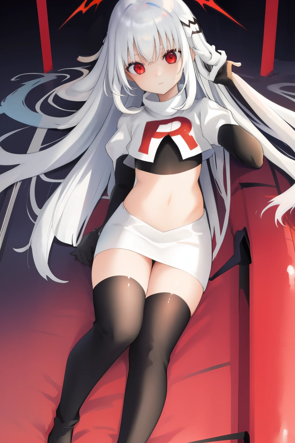colorful hair, (long hair),(((adult))) ta, shiny skin, shiny hair, hair ornament, black ribbon, small flat chest, visible through hair, hairs between eyes, cute, highlight hair, solo, fantasy, Gradient hair, white hair, apathy, black angel wings on back, black Feather, flying, (black metallic wings ), Feather, flying, (iron wings), white hair, red eyes, team rocket,team rocket uniform,white skirt,red letter R,crop top,black thigh-highs,black elbow gloves