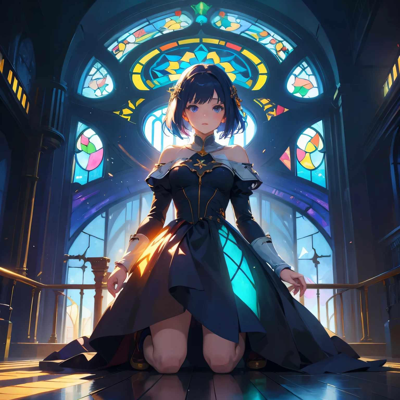 (masterpiece, top quality, best quality,official art, Beautiful and beautiful:1.2),(1 girl:1.3), 1 girl，Side photography，Kneel and sit on the ground，hands tied behind back， BREAK stained glass art, , Lead wire, TranslucencyBREAK Bright colors, complex design, glow effect, atmosphere