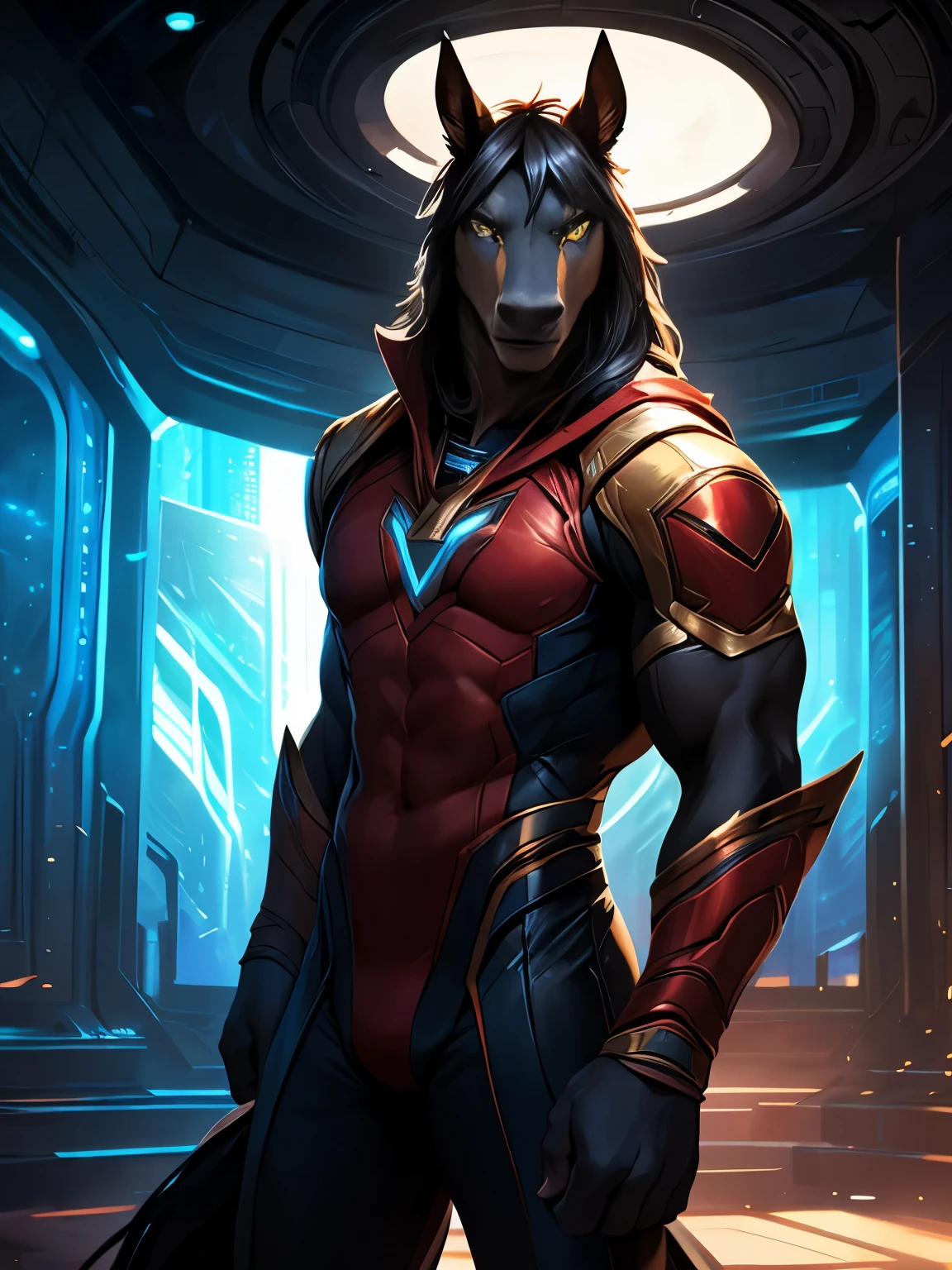 4k, ,8K, A high resolution, best quality, perfect colors, perfect shadows, perfect lighting, posted on e621, (by Chunie, by canyne khai, by t.y.starale), male, furry, Horse anthro, solo, yellow eyes, (Realistic eye details 1.2), On a spaceship, Wearing Marvel Costume, Super Hero, Marvel, Full body like, Slim body, dramatic lighting, soft lighting, day, highly detail, Hair coiled, delight, Standing up position, cool pose charm, Abstract beauty, centre, Looking at the camera, Facing the camera, nearing perfection, Dynamic, highly detailed, illustration, (Realistic background), ((Bonifasko lighting)), (Detailed eyes), perfect pupils, detail eyes, detail fluffy fur, (seductive face:1.2), fit body, Looking at the camera,, fit body, perfect male figure, Detailed fur, Detailed face, Perfect face, Detailed background, (Complex), (Super Detail), (Ultra Clear), (Best Quality)