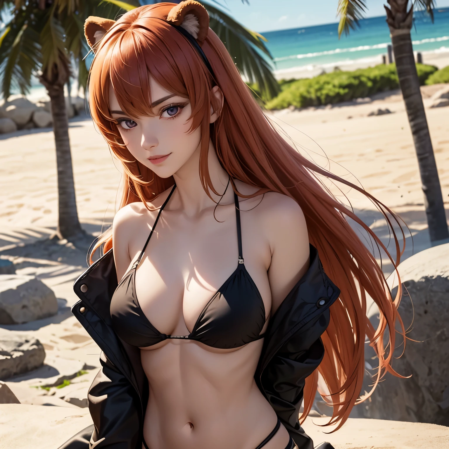 raphtalia. Beautiful 40 year old woman with bear ears and light orange hair.. red eyes like rubies. pechos grandes. mirada arrogante sonrisa malvada. cejas cortas, barbilla levantada, bikini  rojo rosado. pechos grandes. fondo playa solitaria, rostro maduro