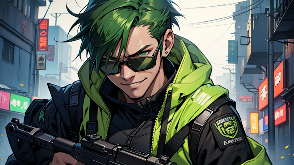1 person, Tactical Jacket, tactical clothing, green hair, smile, anime, cyber punk, machine gun, Glasses, male, battle, Assault Rifle QBZ, Tactical gear, Rifle in hand, shoot a gun, fierce battle, skin fang, short hair, Hyperrealism, Realism, motion lines, UHD, ccurate, best quality, 8k, super detail, high details, anatomically correct, masterpiece