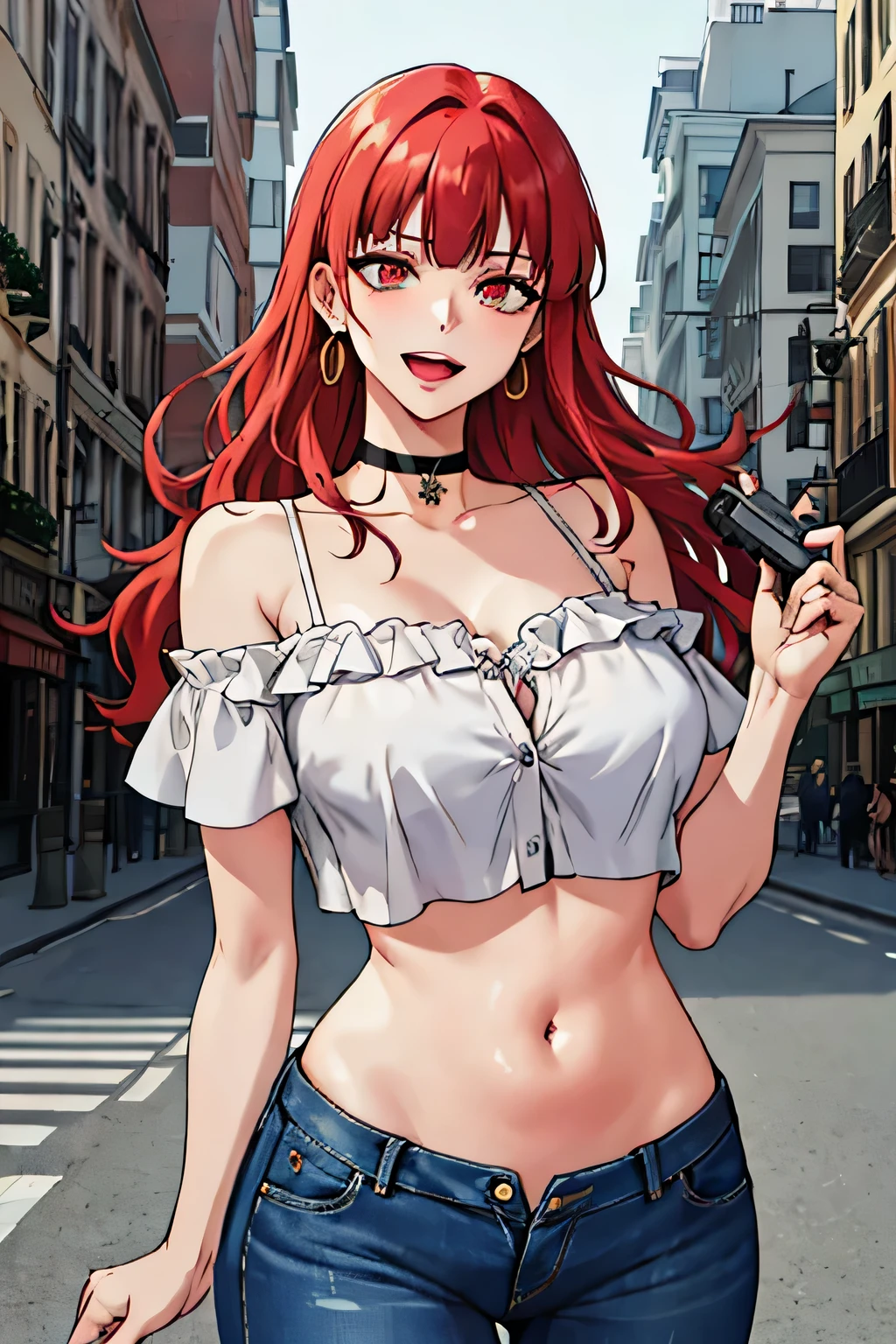 shoujo-style, absurdres, best quality, amazing fine details, high resolution, 
 military secretary,evil smile, sadistic, seductive eyes,
 (rose red hair, fusion rose flower and hair), rose tattoo,
milf, mature woman, black choker, earrings, tiara, jewelry, golden accessories, 
wavy hair, blunt bangs, glamorous perfect female proportion, large breast, masterpiece,high quality,4k, bare shoulder,belly,crop top,outdoor,cleavage,jeans,casual
dress,street,road,smile, open mouth, (nsfw) not safe for work, holding a gun,handgun, evil expression,
exposed belly, exposed navel, exposed midriff, exposed lower belly, crop top overhang, underboob,
unbuttoned jeans , low rise black jeans, Low rise jeans, Low rise jeans with open fly, navel piercing