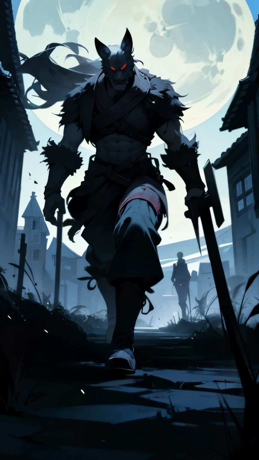 alpha male, holding 2 bloody hammers, walking in a haunted village, ready to fight, night sky, full moon, realistic, Full HD, best quality