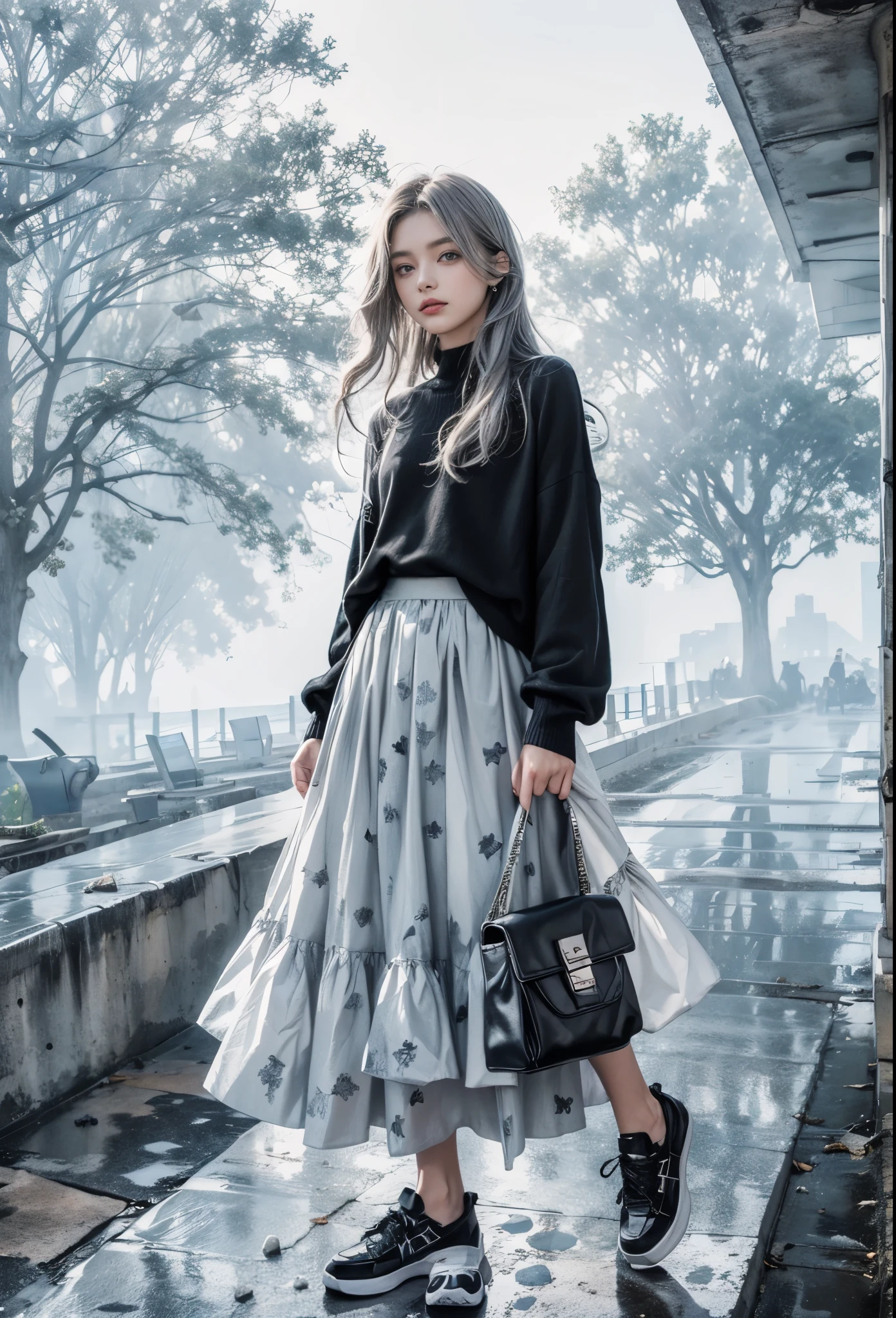 (cyber taste mode fashion collection:1.3), ultra detailed, beautiful, masterpiece, best quality, _ BREAK Beautiful perfect model, 22 Age, 165 cm, Tightened all body, Perfect and beautiful legs, gray hair, Brightly colored eyes, Diteled face, dropy eyes, Double eyelid, light color eyes, Shiny eyes , Diteled eyes, (small head and face:1.4), _ BREAK arranged hair, Diteled hair, _ BREAK Perfect art background, Fog, mist, _ BREAK (all body front shot, sitting on A concrete bench:1.3), (Hold a skirt:1.45), BREAK (High neck), (black knit simple Spring baggy maxi Dress:1.4),(cute black knit dress:1.4), (simple Spring outerwear:1.2), (Diteled Clothing:1.4), Black sneakers with heels, (A simple bag that matches clothes:1.3), (One point accessories:1.3), (fog and mist Blurred background, Perfect and beautiful concrete background:1.4), (Inorganic and nostalgic white lighting:1.4),
