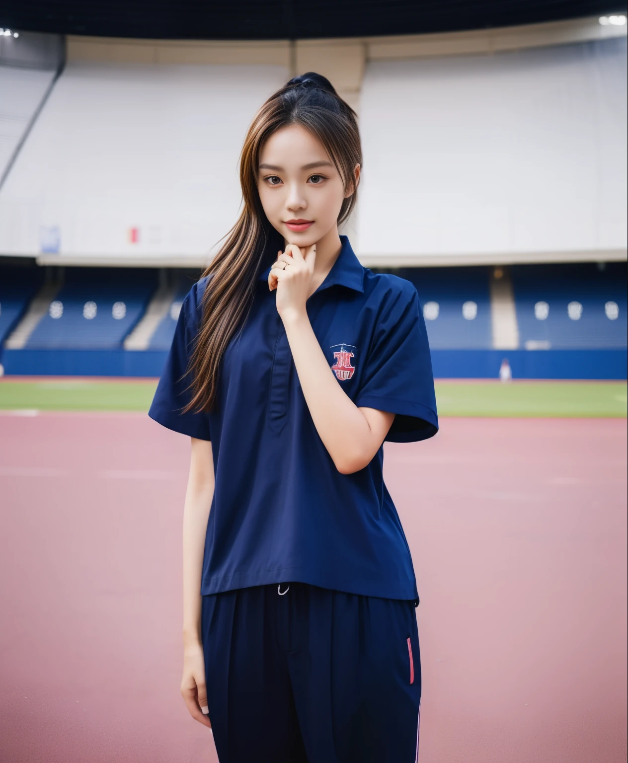 (best quality,10,10,height,Masterpiece:1.2),Special details,(realistic,ภาพrealistic,Realistic photos:1.37),1 cute girl on the football field,shiny, ผิวshiny,only,smile softly,BDclothelue shirt:1.3)),short sleeve,shirt, กางเกงขาlong.,(navy_long_track pants:1.1), ((stadium background:1.3)),Dynamic angle,excited,Face focus,dynamic poses,from behind,focus on ass,Masterpiece, best quality, ultra realistic, hyper-detail, 8K resolution, raw photos, Sharp focus, ((Navy blue shirt:1.1)), short sleeve, เส้นทางlong, perfect body, 2 mature women, 18 years old, Cinema-grade lighting system,blue sweatpants,shirtผ้าออกกำลังกาย,correct anatomy,perfect body, correct body, Sharp face, correct bodyทางกายวิภาค, full body, realistic gestures, long-haired, realistic poses,Wear long shorts................................,ช่วงขาlong,Good shape,carved girl, Slender figure, model, Good shape, beautiful body,blue sweatpants, two girls kissing