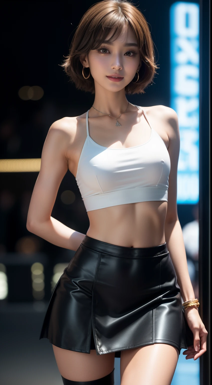 8k, masterpiece, original photo, best quality, lifelike, Extremely detailed CG unified 8k wallpaper, depth of field, movie lighting, lens flare, Ray tracing, (extremely beautiful face, beautiful lips, beautiful eyes), Intricately detailed face, ((Super fine skin)) 1 girl, in the darkness, deep shadow, Beautiful Korean girl, kpop idol, 1 girl, (非常slim slender fit-muscled body:1.3), ((looking at the audience)),(bright smile:1.3), (fashion city night, dark night, (neon lights), (blurred background), Fashion street nights),(no one in the background:1.3), beautiful earrings, bracelet, necklace, pantyhose, clear eyes, (pale skin), (big eyes), facing forward, ((upper body shot)), (looking at the audience:1.3) 非常slim, medium breasts, (hyper-realistic, Gaze at the viewer, super mini skirt、very short skirt、腰部开衩super mini skirt、腰部开衩super mini skirt, (high resolution), (8k), (Very detailed), (brown hair, short hair), (红色短无袖毛衣和very short skirt的女人、Show belly button), (slim)