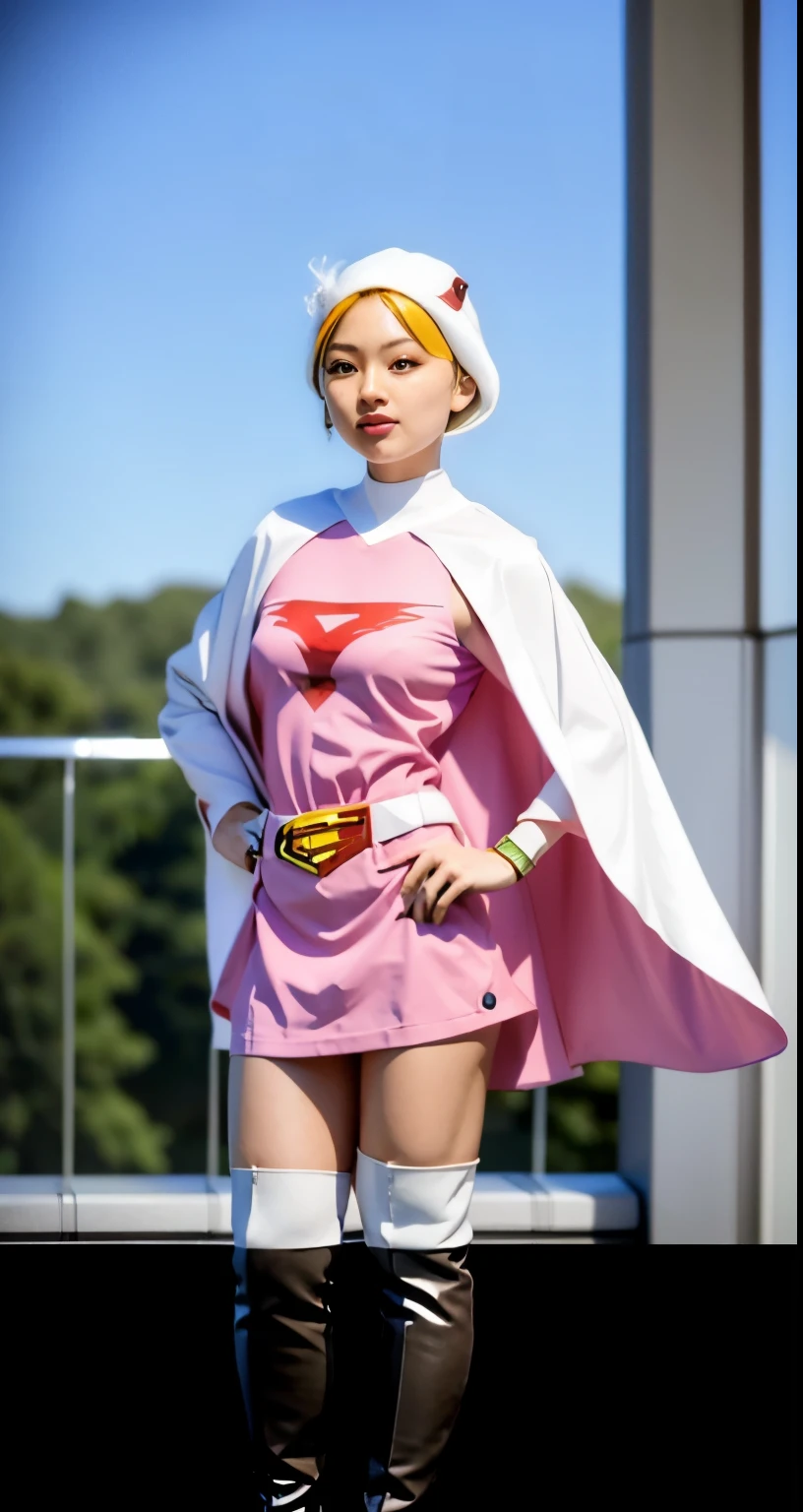 Highest image quality、real image、18-year-old美少女、ポニーテールbeautiful woman、beautiful sister、A woman wearing a pink dress and cloak is standing in front of a building, 18-year-oldの女の子,Jun the Swan、knee high boots science ninja、white panties、beautiful woman、 As a retro-futuristic heroine, 18-year-old、As a retro-futuristic heroine, beautiful thighs、sheila, she - ra, anime female hero portrait, Portrait of a modern dharna, anime visual of super girl, super girl, official art, Dinah Drake, hironaka, Blowjob White Mecha Miniskirt