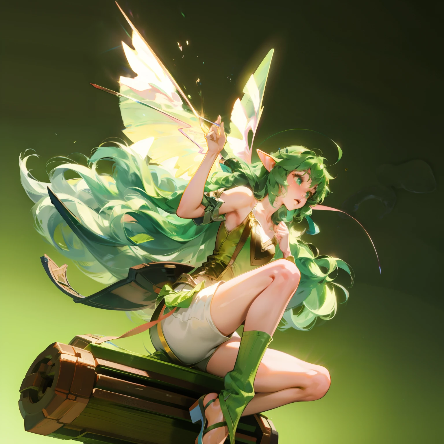 Wearing green and black clothing、Anime girl with wings and green background, Elf character, Fairy, forest Fairy, Insect trainer girl, brunette elf with Fairy wings, Elf, Cute 3D anime girl rendering, April rendering, Fairy dance, spread legs  