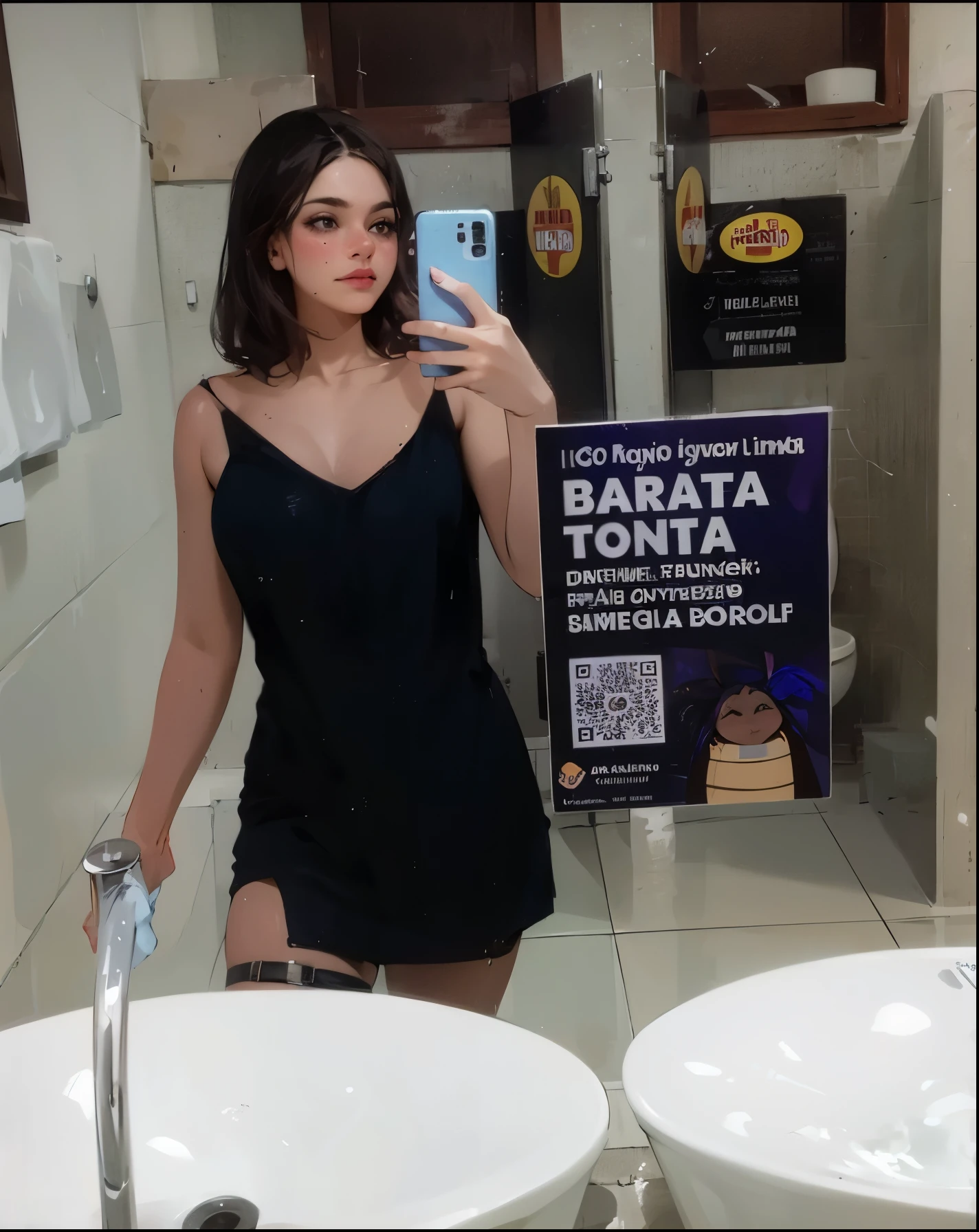 woman taking a selfie in a public bathroom with two sinks, no banheiro, powder Nándor Katona, 🔞🤡, por Bernard Papai, fernanda suarez, by Amélia Peláez, 18 anos de idade, looks like fabiula nascimento, em um banheiro, 1 6 anos, selfie ruim, 1 8 are, julia sarda