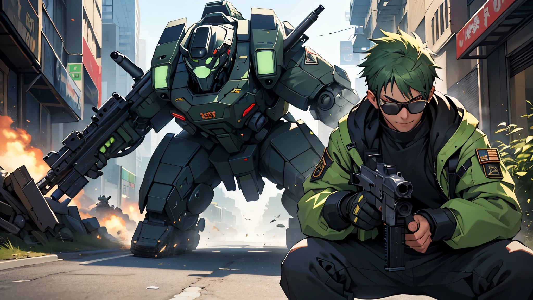 1 person, Tactical Jacket, tactical clothing, green hair, smile, anime, cyber punk, machine gun, Glasses, male, battle, Assault Rifle QBZ, Tactical gear, sitting, Rifle in hand, shoot a gun, fierce battle, whole body, skin fang, short hair, Hyperrealism, Realism, motion lines, UHD, ccurate, best quality, 8k, super detail, high details, anatomically correct, masterpiece