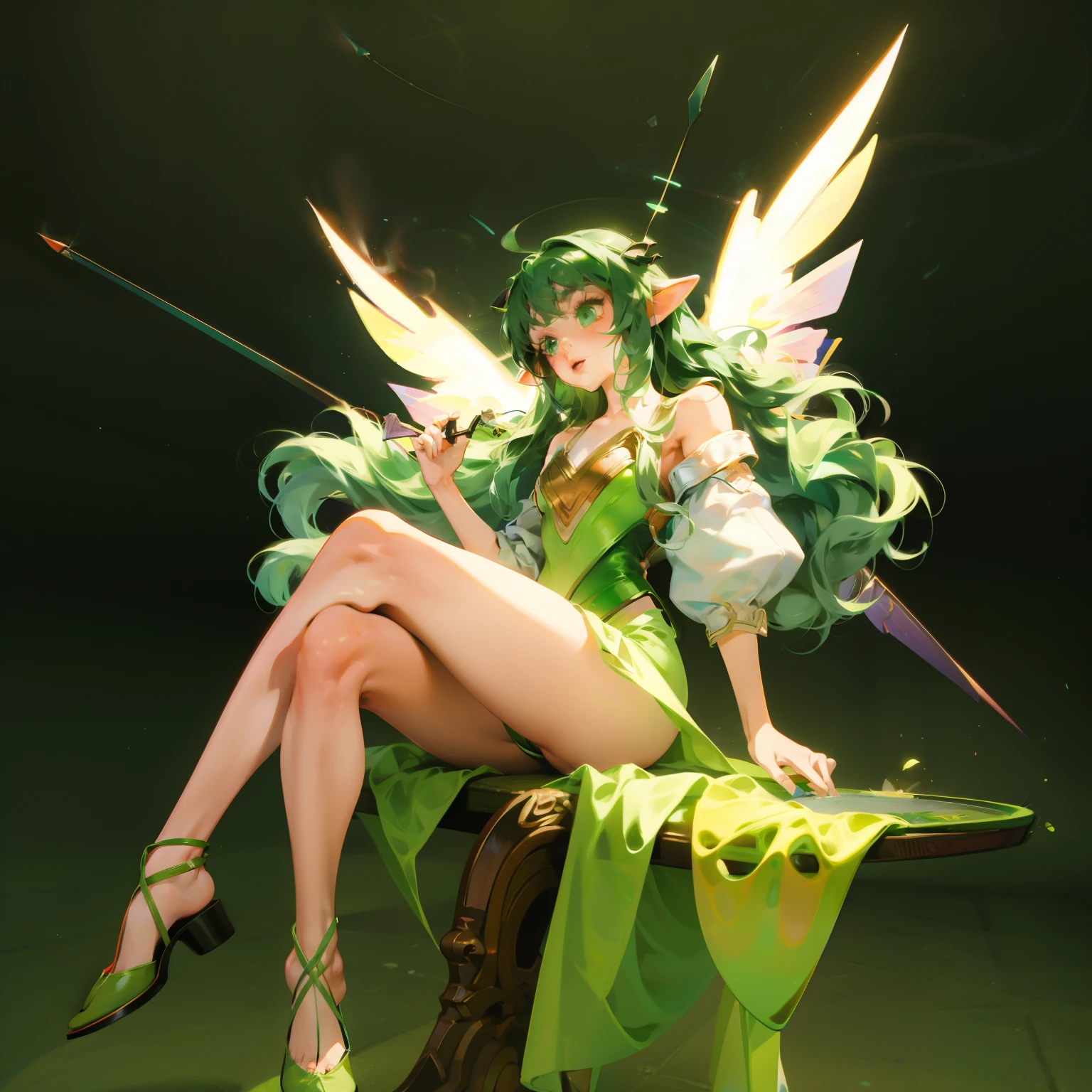 Wearing green and black clothing、Anime girl with wings and green background, Elf character, Fairy, forest Fairy, Insect trainer girl, brunette elf with Fairy wings, Elf, Cute 3D anime girl rendering, April rendering, Fairy dance, spread legs