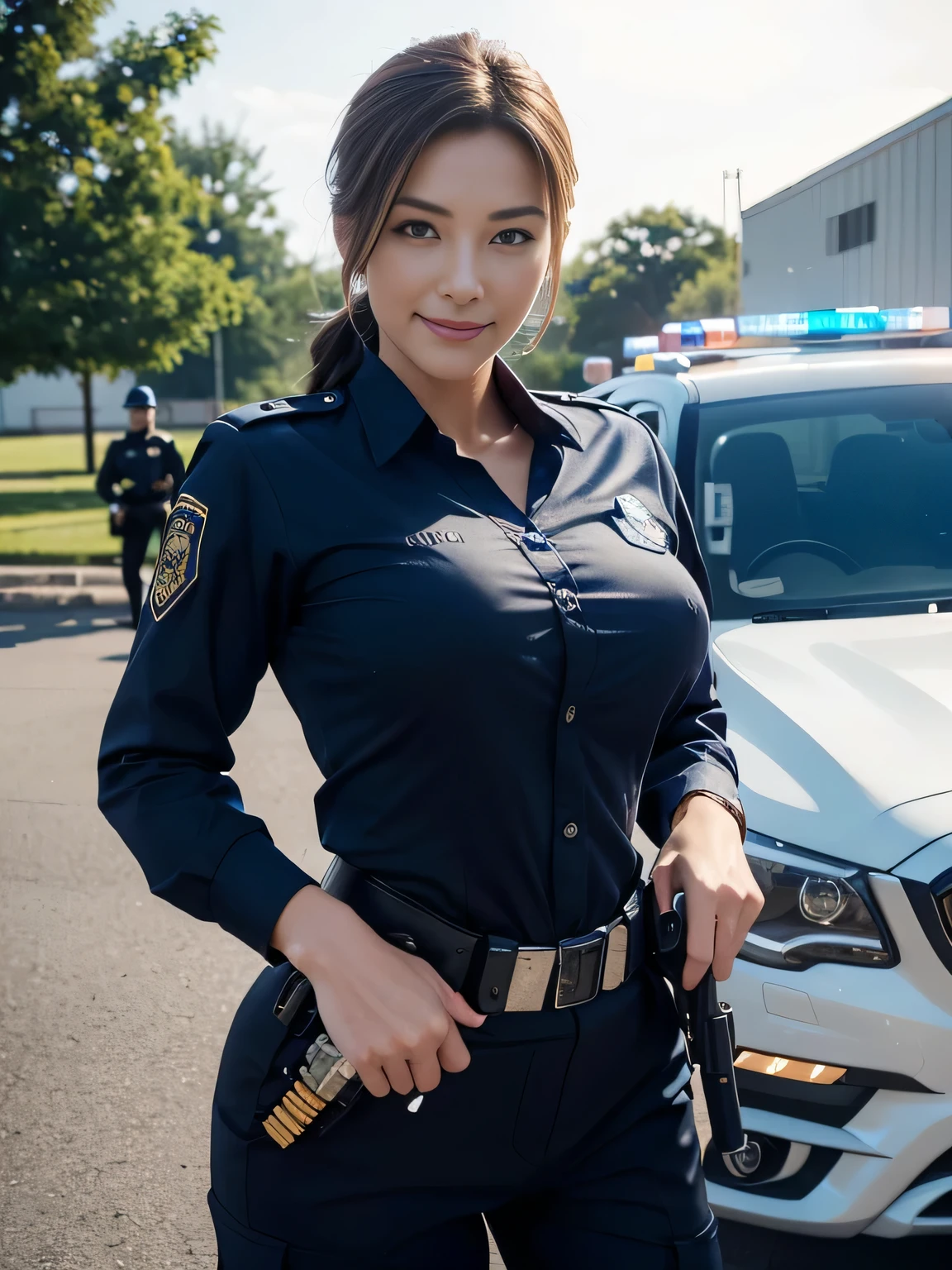 Create high-resolution images of captivating and attractive people。 (Woman in her early 40s:1.2) With a seductive sexy smile, High resolution image of a female police officer (complete police uniform:1.2, sexy model posing, Nicely put together hairstyles, ), (perfectly healthy and muscular body, medium breasts:1.1), (outside, Police Department), The female police officer、 (Fully equipped with firearms, Includes rifle and sidearm:1.1), Uniform must have patches, class seal, and appropriate tactical equipment.. 背景はPolice Departmentです, Probably a training ground or toon area. (style is realistic:1.1), (Highlight Soldier Readiness and Professional Smile),