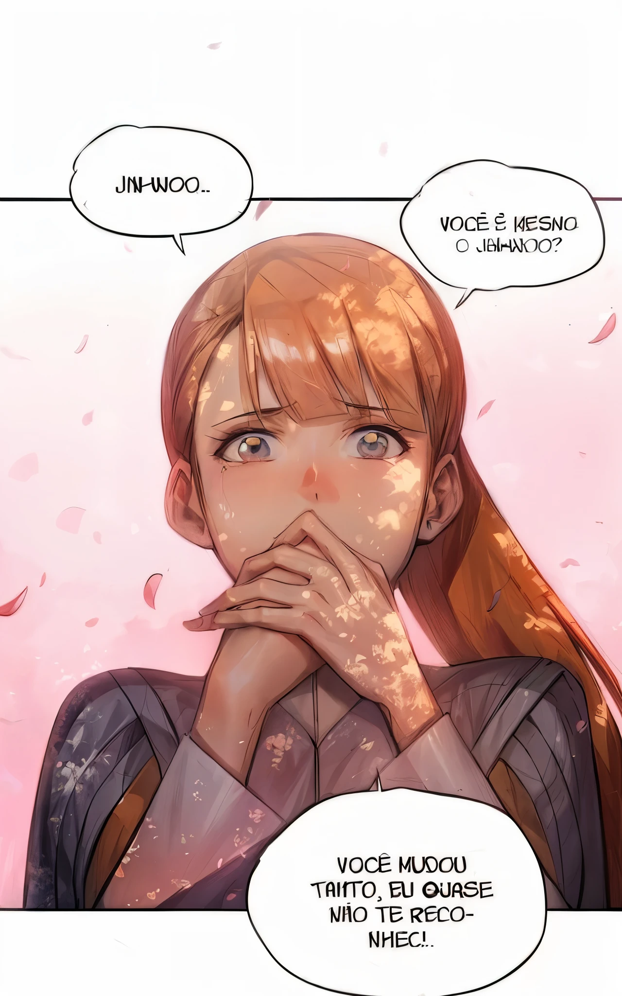 ((Samdoesart)), rosto detalhado, pintura extremamente detalhada, pixar, maximum quality, uma linda garota, cabelos ruivos, mulher linda, emotiva, olhos lacrimejando, (apaixonada), ((Cherry blossom petals in the background)), ((tree shade)), sombra de flor de cerejeira, ((pintura extremamente detalhada)), great quality, looking at the camera, (olhos azuis), ((with hands over mouth))