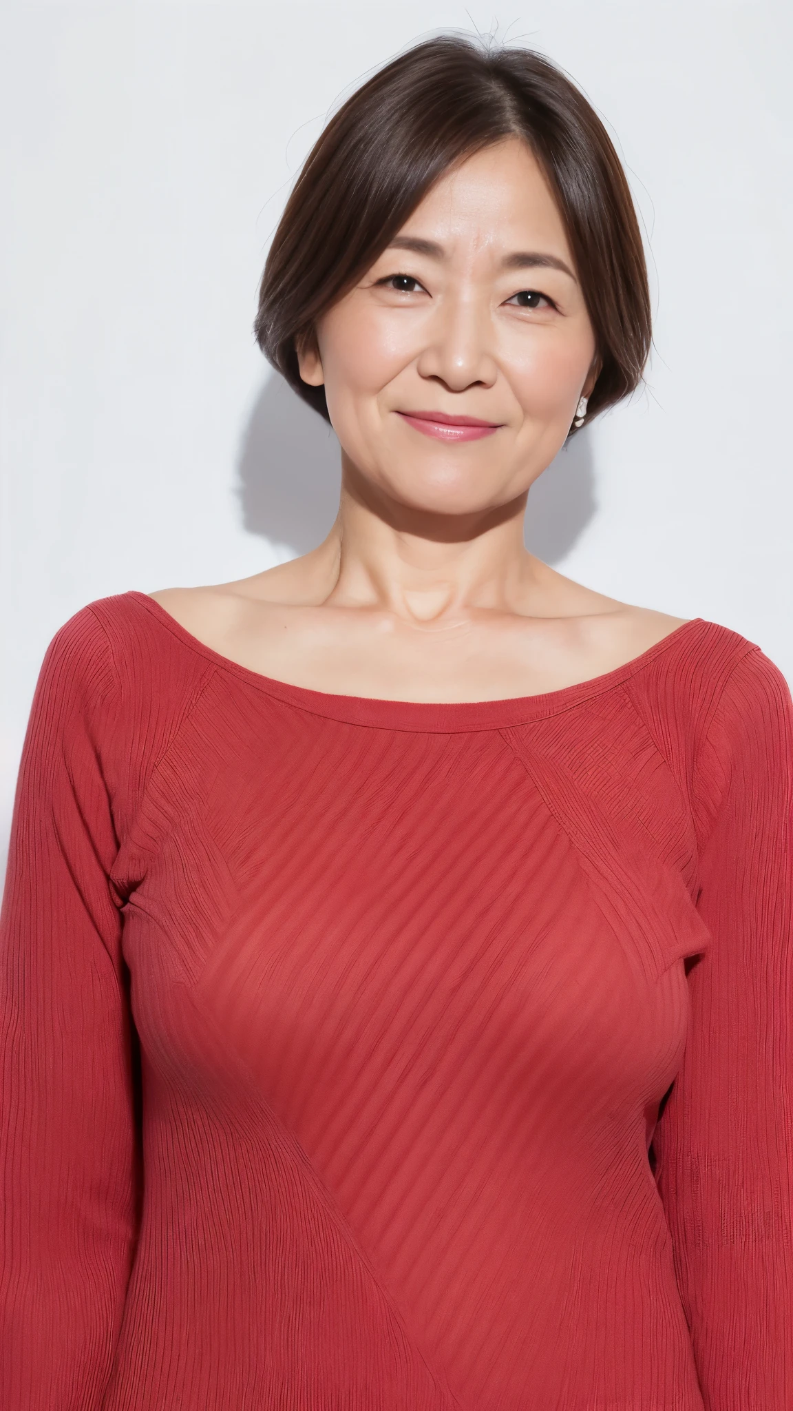 High resolution, High resolution, Attention to detail, masterpiece, Textured skin, Anatomically correct, sharp, ((Japanese Mature, 70 years old)), alone, (Facial wrinkles), Shapely breasts, Brown long hair, bangs,(((Stand upright, facing the center.))),Look at the photographer, Open your mouth and stare straight ahead, White sweater, (Tight Skirt:1.4),(Sitting),(Thighs:1.1),Inside the warehouse,(Serious expression:1.3),(old woman)