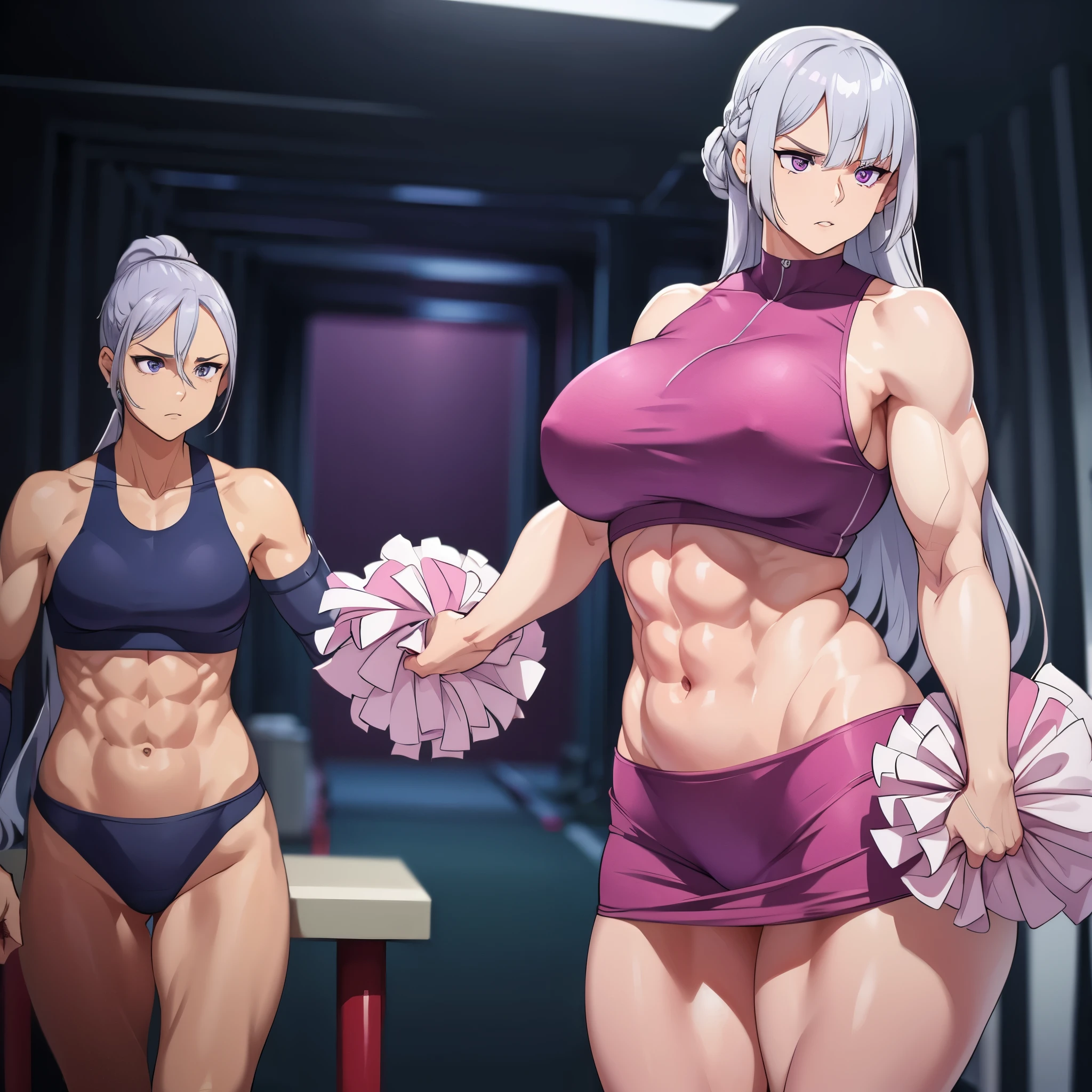 a woman with silver hair, purple eyes, wearing a pink American Cheerleader Costume, muscular, serious face, perfect legs, perfect arms.