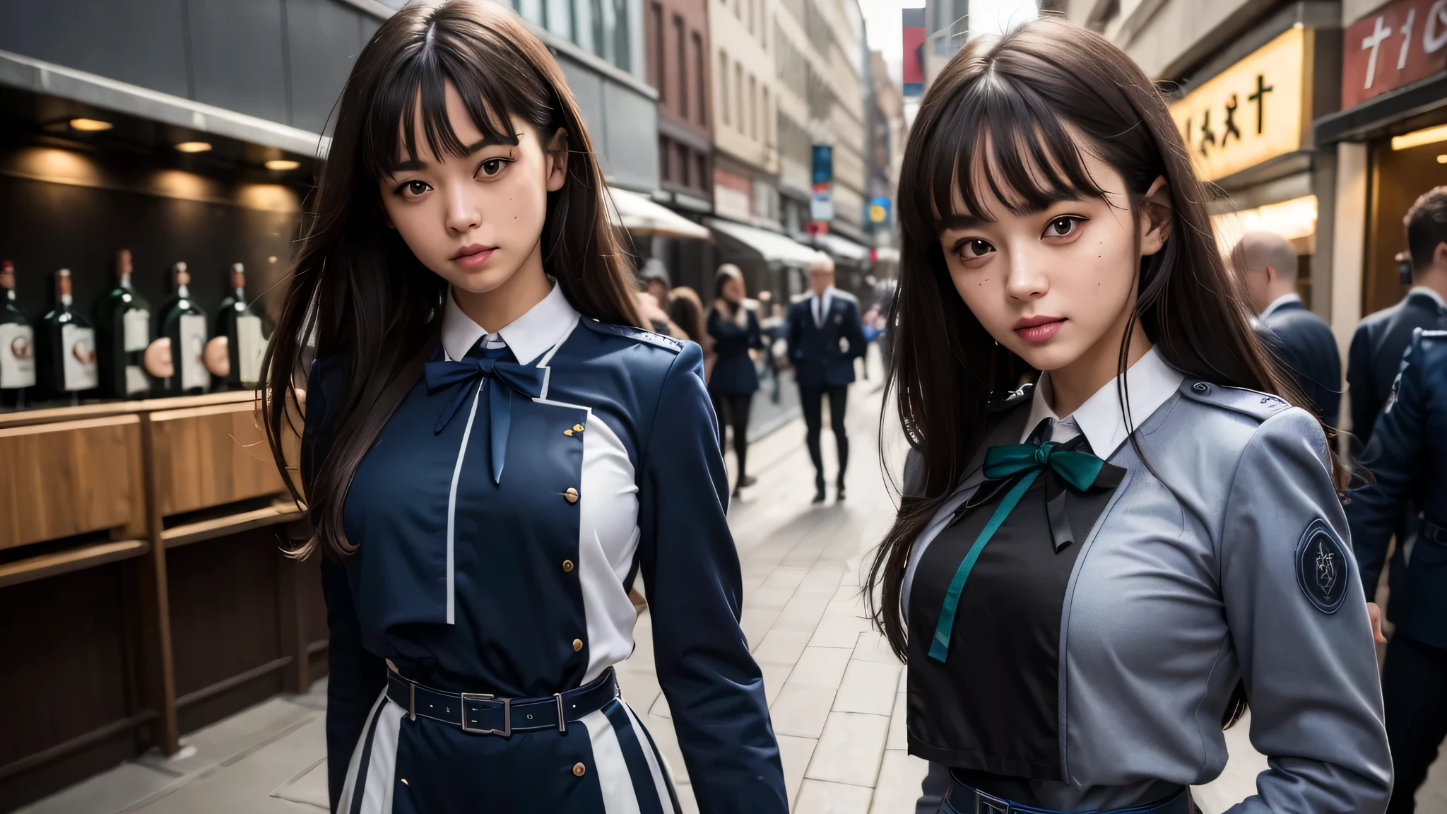(masterpiece, highest quality:1.4), (whole body), (Are standing:1.2), (erotic pose:1.5), 1 girl, alone, check it out, long hair, bangs, black hair, (purple eyes:1.2), blake shirt, long sleeve, dress, ribbon, school uniform, white shirt, collared shirt, belt, neck ribbon, blue dress, green ribbon, pleated dress, grey dress, two-tone dress, blue belt, (uniform liquor:1.5), Observing viewers on the street, Beautiful smile, beautiful face, highly detailed face, highly detailed eyes, highly detailed skin, skin pores, scattered below the surface, realistic pupils, The whole face turns red, lip whole, detailed background, written boundary depth, volume lighting, sharp focus, confused, realistic proportions, excellent ???????, (realistic, hyperrealistic:1.4), 16K HDR,