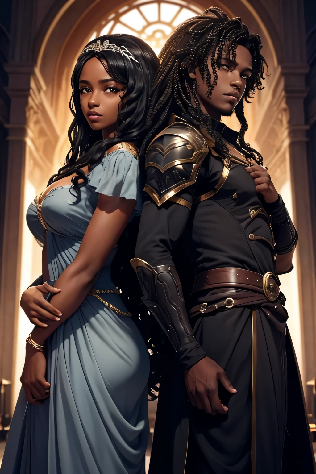 Je veux que tu me fasses une couverture pour un roman Fantasy romance, ces deux personnages sont noirs de peau, dark skin, ils sont des ennemis, ils veulent s'entretuer, surtout lui, elle, she mainly defends herself but her goal is to save him at all costs too. Le garçon est dark skin, with curly mid-length hair, the girl has long curly hair. They are very beautiful.
