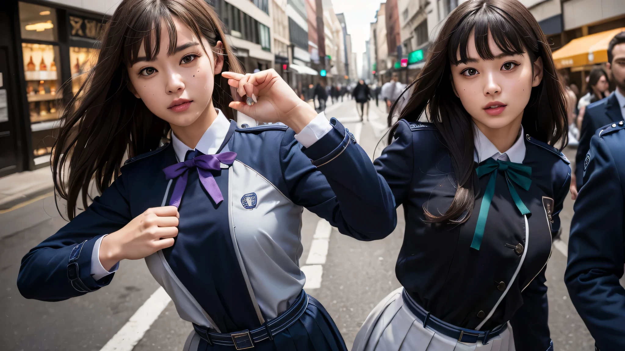 (masterpiece, highest quality:1.4), (whole body), (Are standing:1.2), (erotic pose:1.5), 1 girl, alone, check it out, long hair, bangs, black hair, (purple eyes:1.2), blake shirt, long sleeve, dress, ribbon, school uniform, white shirt, collared shirt, belt, neck ribbon, blue dress, green ribbon, pleated dress, grey dress, two-tone dress, blue belt, (uniform liquor:1.5), Observing viewers on the street, Beautiful smile, beautiful face, highly detailed face, highly detailed eyes, highly detailed skin, skin pores, scattered below the surface, realistic pupils, The whole face turns red, lip whole, detailed background, written boundary depth, volume lighting, sharp focus, confused, realistic proportions, excellent anatomy, (realistic, hyperrealistic:1.4), 16K HDR,