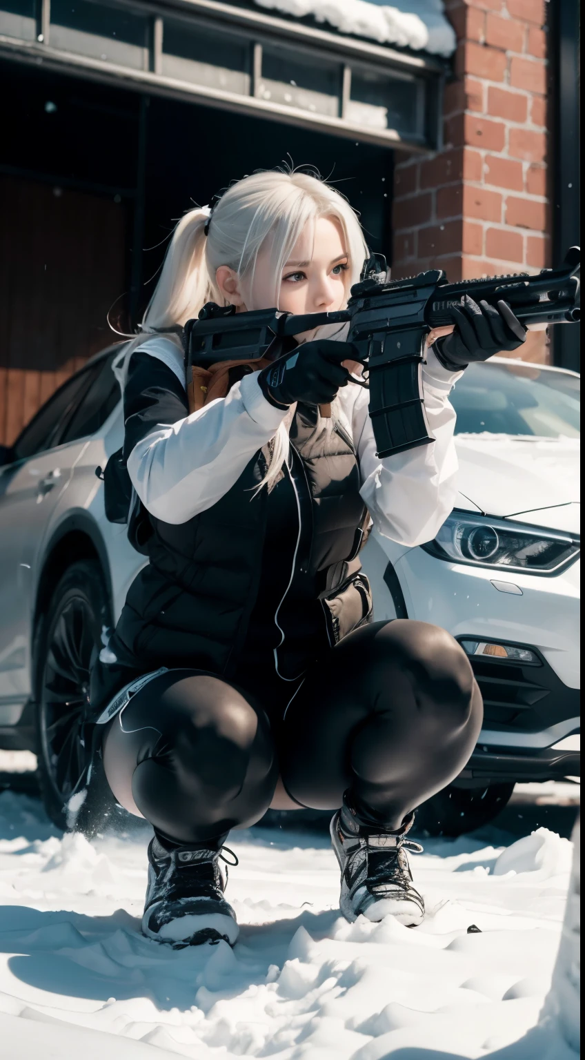 ((best quality)), (masterpiece), lifelike, photorealism, 1 girl whole body, Aim with an assault rifle, Another girl squats in the back, fighting stance, explosion background, lifelike, high resolution, snow, car explosion background, looking into camera, (Detailed face), white hair, Vest, gun, jewelry, black gloves, Fingers are covered