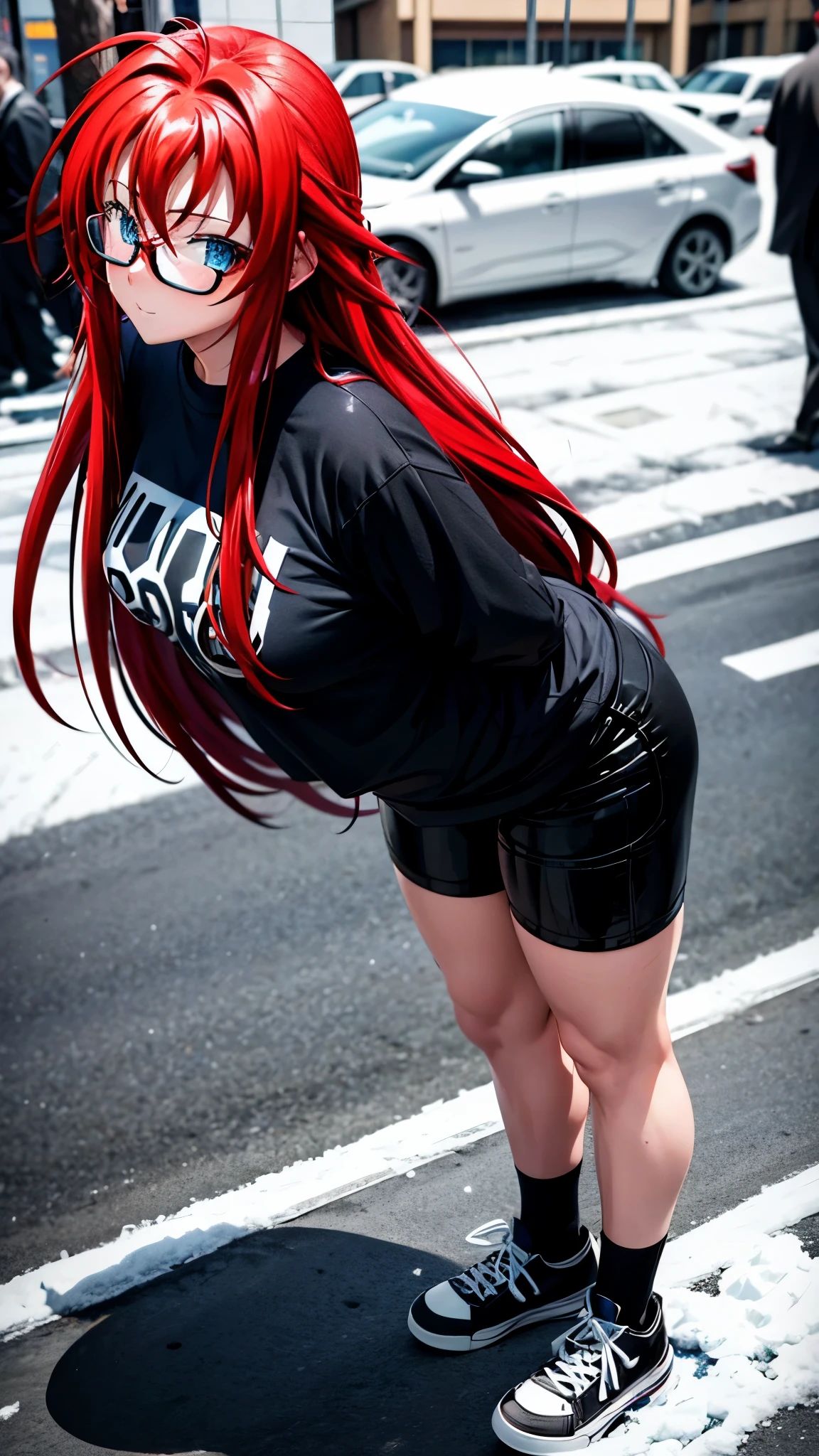 Rias gremory, Ahoge, Blue eyes, red hair, Black sweatshirt with manga design, Tight white shorts, Black sneakers, Round black glasses, Posing in the photo, Beautiful eyes, The whole body, Tokyo on the street snowing background