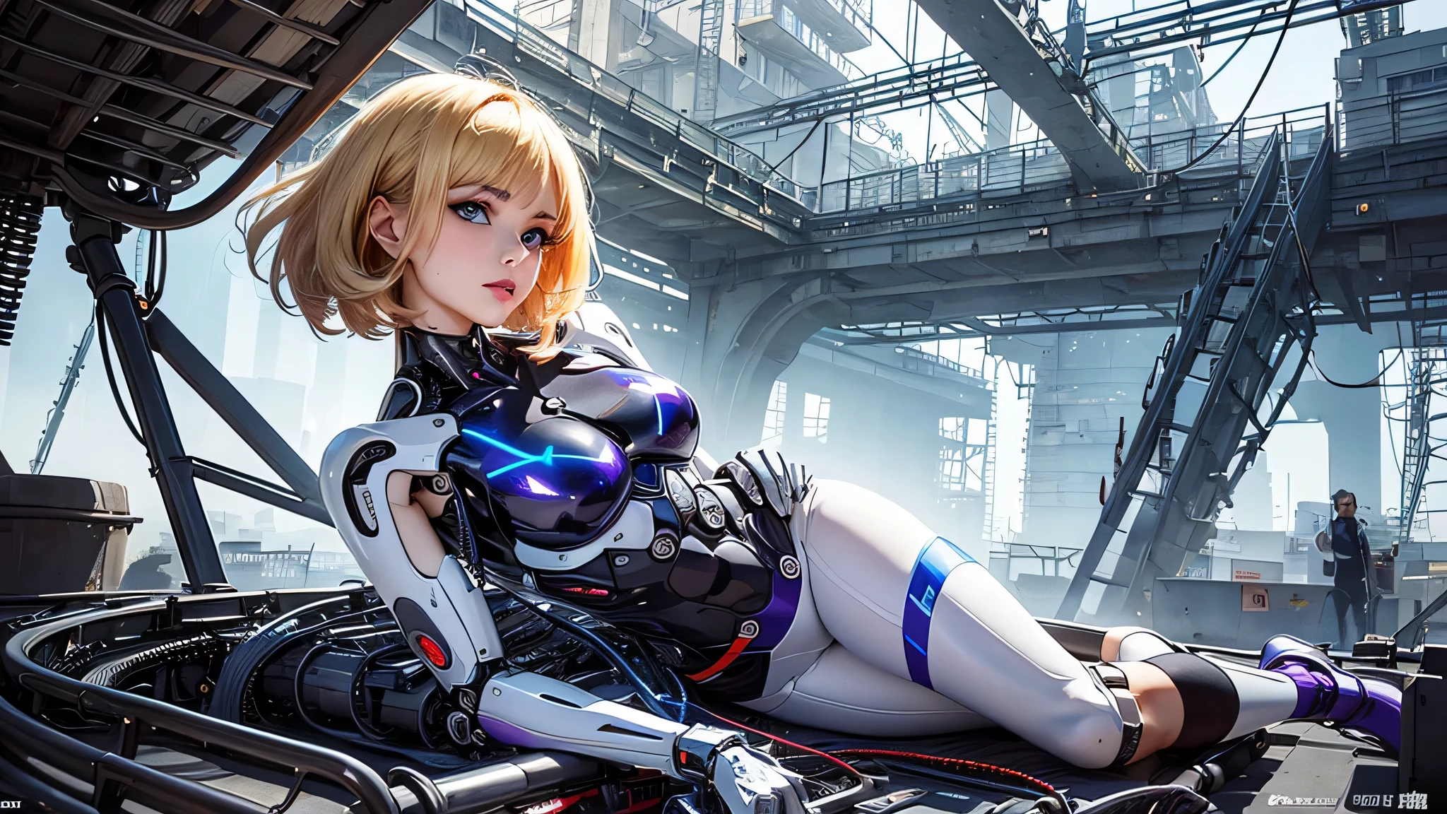 one side layer cut bob, (blonde hair: 1.3), ((clear blue eyes (purple)), ((beautiful, fine eyes, jewel-like eyes, bright blue eyes: 1.3)) , woman素体は胸部にスーパーナンSを備えたギアなどのメカパーツを内蔵。., womanとの融合'natural shape、Wires and circuits create visual appeal, futuristic aesthetic. Mechanical elements emphasize precision and functionality, womanに調和する連動ギアやギアを搭載。'physically.。. woman'The face can be cybernetically enhanced., glowing eyes etc.., Neurological implants, Metallic face symbolizing the fusion of man and machine.. This work of art is、womanの強さと人間の精神の優雅さを体現する。. Light and shadow play important roles, Increase the contrast between organic and mechanical elements、Add depth to the composition. emphasizes the mechanical nature of the artwork. Background details can include futuristic cityscapes, Industrial Landscape, or、Add a futuristic vibe with abstract patterns. whole, This work、機械との統合を受け入れるwomanの本質を捉えています。, Celebrating the possibilities and complexities of a future where humans and technology coexist, (lie:1.3),sexy pose、perfect body、5real fingers、2one leg、2one arm、(一人のwoman)