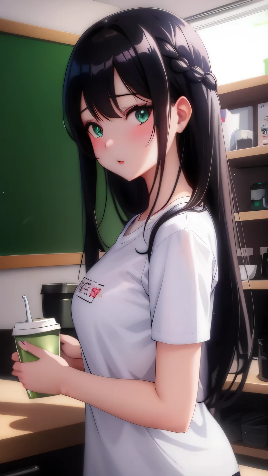 anime girl with long black hair holding a cup of coffee, Ilya Kubshinov with long hair, attractive anime girl, cute girl anime visual, anime girl with long hair, cute anime girl, an anime girl, young anime girl, anime best girls, beautiful anime high school girl, beautiful anime girl, anime girl, realistic young anime girl, pretty anime girl,For chroma key, the background is only green.、Do not draw the background、F cup breasts、big breasts、((draw a straw on a coffee cup))、white t-shirt