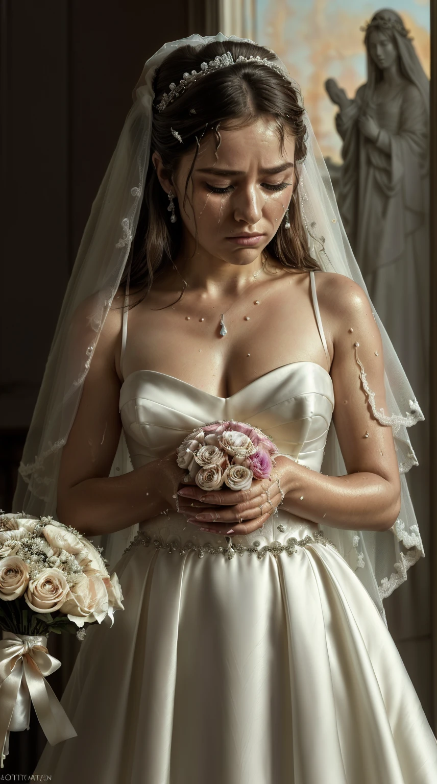 masterpiece, best quality, photorealistic, ultra detailed, fine details, high resolution, 8k wallpaper, professional, high level of detail, (sharp and focused piece, (((full figure shot, visible silhouette of a beautiful girl with a wedding dress))), (( crying on the altar in front of a Christ)), heartbreaking cry, ((("carrying a bridal bouquet in her hands"))), ((hugging him on her chest with sadness" )) on the altar of the church in front of the cross, an inserted environment, backlight of the church, high depth of field, with a rather shy face, ((("tears in the eyes")), ((teary eyes )), (((tears on cheeks))), fine features, highly detailed skin, (((defined watery eyes))), perfect lips detail, perfect nails, daylight atmosphere, natural light, fashion trend art station, sharp focus on the model, art photography, intricate details, highly detailed neo-impressionist art, perfect composition, complex octane, beautiful and incredibly detailed Detailed rendering of trend art station, 8k, art photography, photorealistic concept art, soft and perfect natural volumetric cinematic light, award-winning photography, masterpiece, oil on canvas, sad