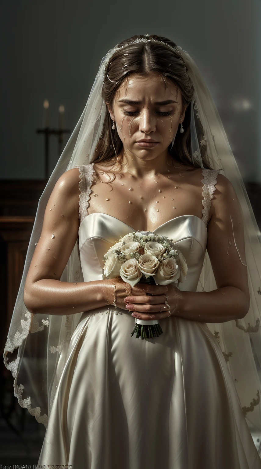 masterpiece, best quality, photorealistic, ultra detailed, fine details, high resolution, 8k wallpaper, professional, high level of detail, (sharp and focused piece, (((full figure shot, visible silhouette of a beautiful girl with a wedding dress))), (( crying on the altar in front of a Christ)), heartbreaking cry, ((("carrying a bridal bouquet in her hands"))), ((hugging him on her chest with sadness" )) on the altar of the church in front of the cross, an inserted environment, backlight of the church, high depth of field, with a rather shy face, ((("tears in the eyes")), ((teary eyes )), (((tears on cheeks))), fine features, highly detailed skin, (((defined watery eyes))), perfect lips detail, perfect nails, daylight atmosphere, natural light, fashion trend art station, sharp focus on the model, art photography, intricate details, highly detailed neo-impressionist art, perfect composition, complex octane, beautiful and incredibly detailed Detailed rendering of trend art station, 8k, art photography, photorealistic concept art, soft and perfect natural volumetric cinematic light, award-winning photography, masterpiece, oil on canvas, sad