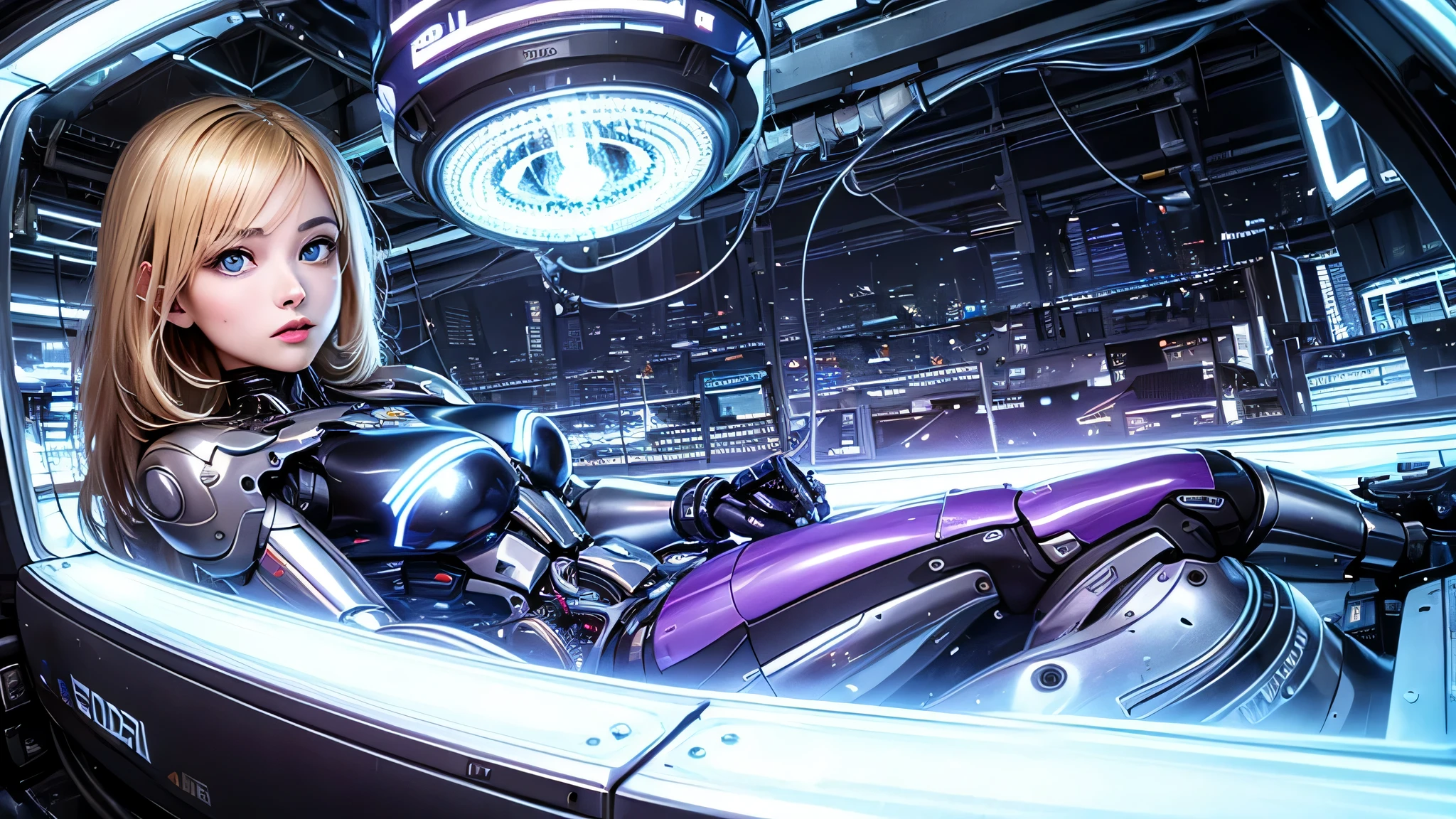 one side layer cut bob, (blonde hair: 1.3), ((clear blue eyes (purple)), ((beautiful, fine eyes, eyes like jewels, bright blue eyes: 1.3)) , woman素体は胸部にスーパーナンSを備えたギアなどのメカパーツを内蔵。., womanとの融合&#39;natural shape、Wires and circuits create visual appeal, futuristic aesthetic.  Mechanical elements emphasize precision and functionality, womanに調和する連動ギアやギアを搭載。&#39;physically.。.  woman&#39;The face can be cybernetically enhanced., glowing eyes etc.., Neurological implants, Metallic face symbolizing the fusion of man and machine..  This work of art is、womanの強さと人間の精神の優雅さを体現する。.  Light and shadow play important roles, Increase the contrast between organic and mechanical elements、Add depth to the composition.  emphasizes the mechanical nature of the artwork.  Background details can include futuristic cityscapes, Industrial Landscape, or、Add a futuristic vibe with abstract patterns.  whole, This work、機械との統合を受け入れるwomanの本質を捉えています。, Celebrating the possibilities and complexities of a future where humans and technology coexist, he is wearing superman&#39;S mark on the chest..perfect body、,(Lie:1.3)