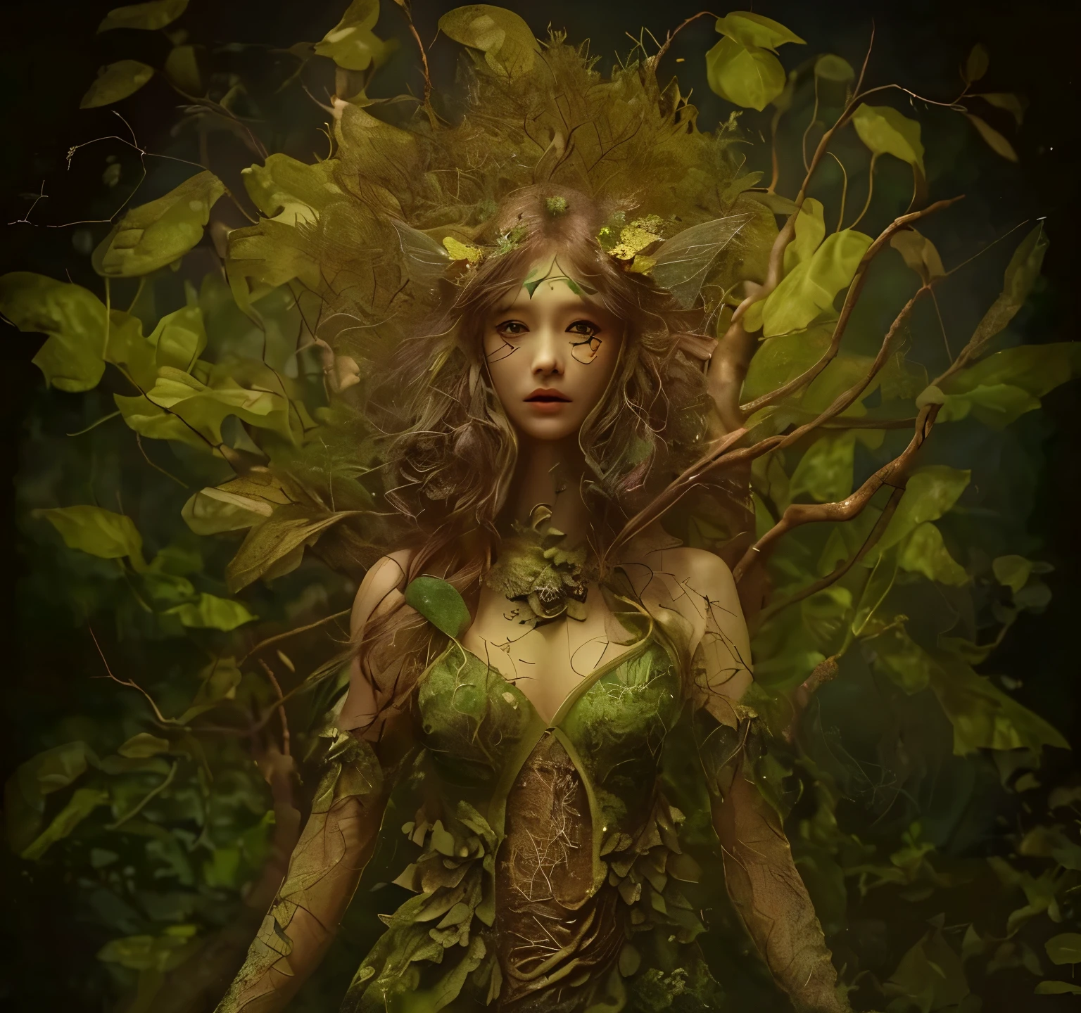 Detailed image of the Dryad, Mythical tree spirits, In the forest at night. Dryad appears as a young teenage girl, Blends seamlessly with the natural elements of the forest, May have bark-like skin and hair with leaves. The forest is dense and lush, Towering Tree々Full of, Dense undergrowth, Various leaves. Mysterious, Give your environment a natural feel. The image should convey a sense of harmony and serenity..