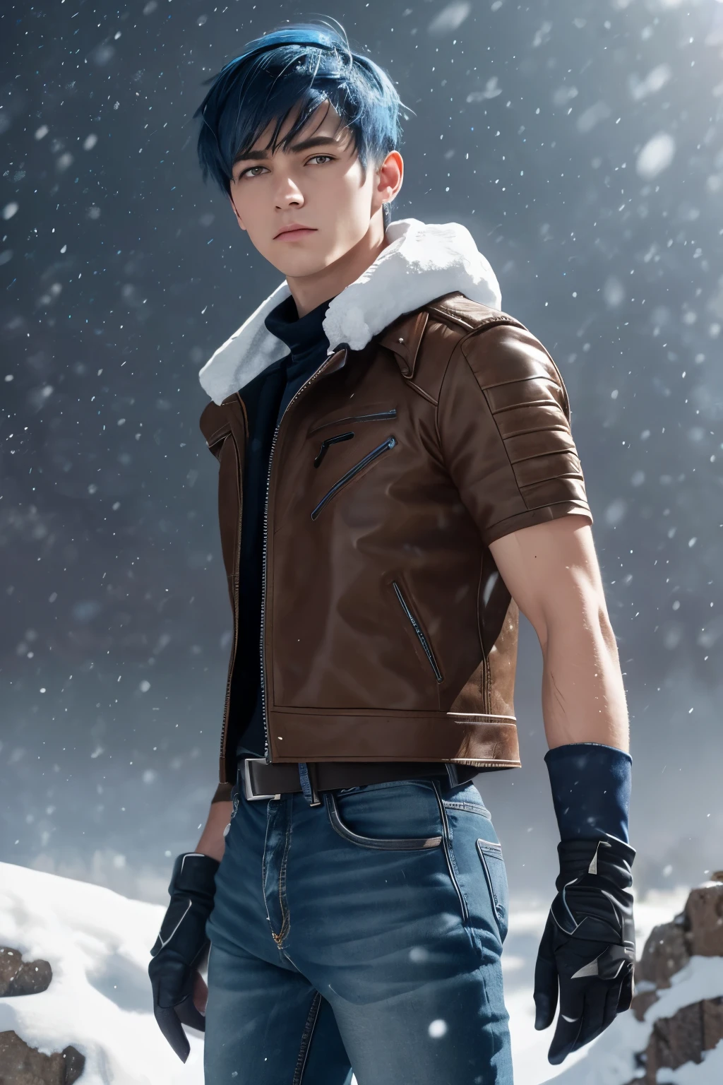 1 male, masterpiece, Male, fantasy, short blue hair, Flat Cut hairstyle, side-swept bangs, blue eyes, brown short-sleeve unzipped leather jacket, dynamic angle, dynamic pose, best quality, ultra-detailed, hiking boots, skinny, slim, 20 years old, fingerless gloves, staring down at camera, 2 arms, dark jeans, snowy and icy terrain, windy, blue neck gaiter, short sleeves, brown jacket, snow in hair, snow on gloves, snow on shirt, staring down at camera, blizzard, snow storm, snowing