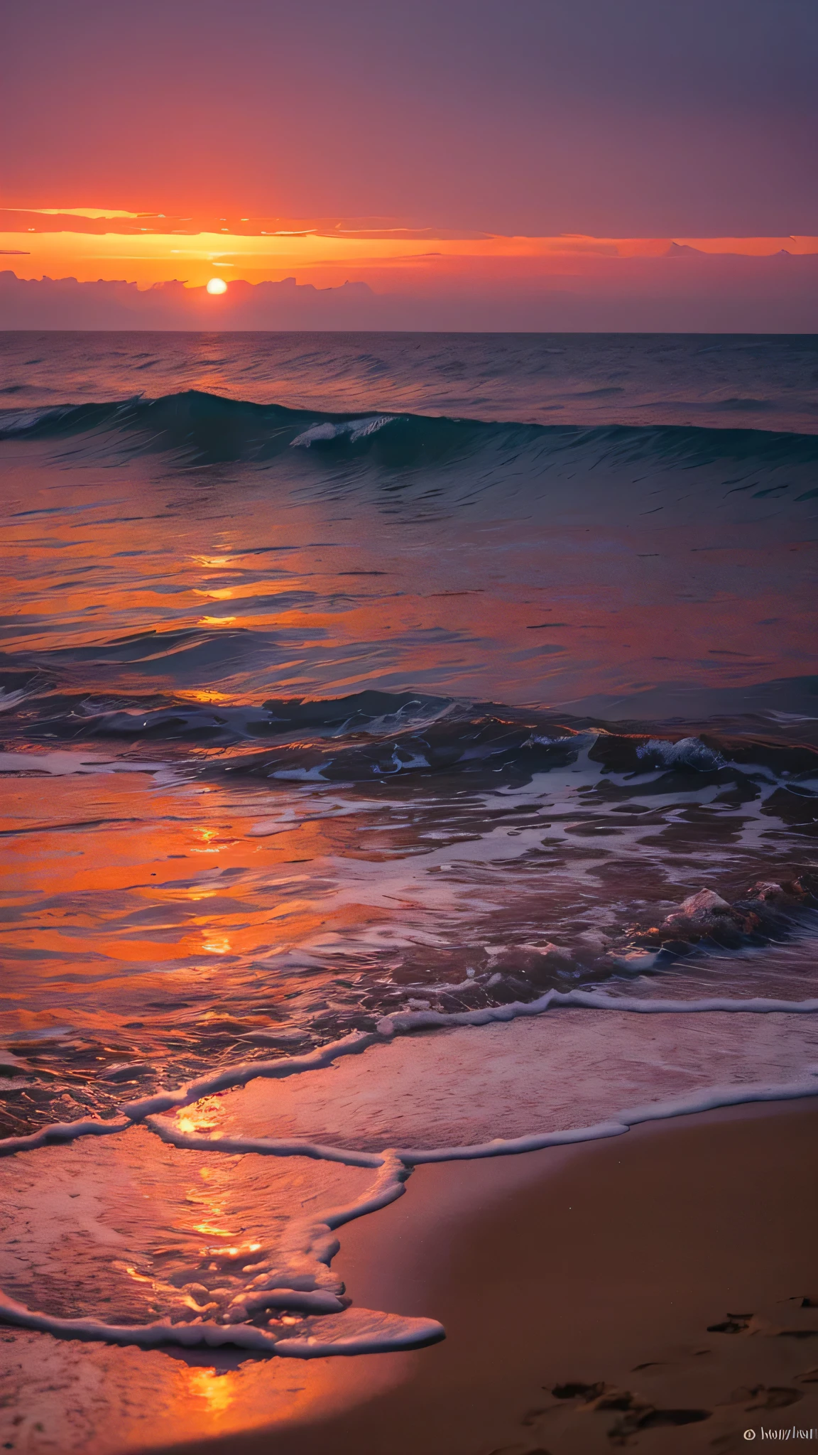Empty beach。at dusk。the sun sets on the horizon。Humans don't draw