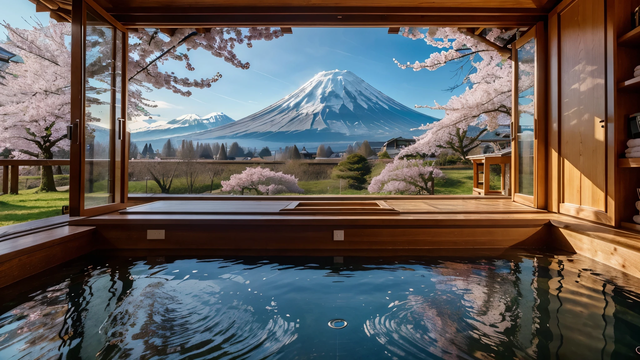 Beautiful house made of European wood and glass, Inside the building,Soak in the bathtub,360 degree cherry blossom tree in full bloom々Behind１two big majestic Mt.Fuji, with the flow, majestic and beautiful scenery,8K,Highest image quality,delicate,detailed,real world